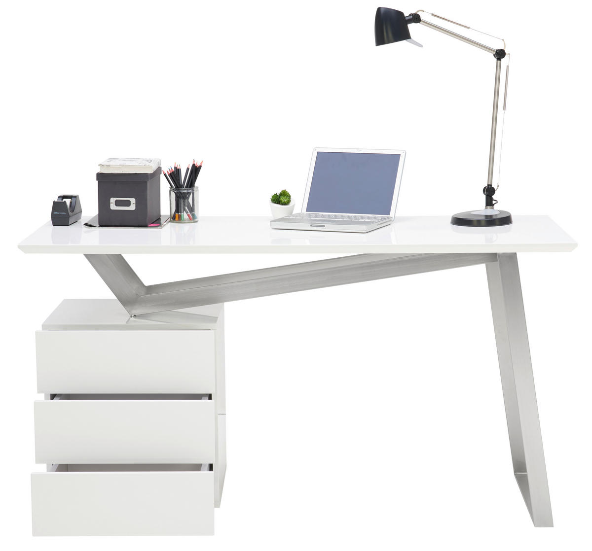 SCHREIBTISCH 140/60/76 cm  in Weiß, Edelstahlfarben, Weiß Hochglanz  - Edelstahlfarben/Weiß Hochglanz, MODERN, Holzwerkstoff/Metall (140/60/76cm) - Novel