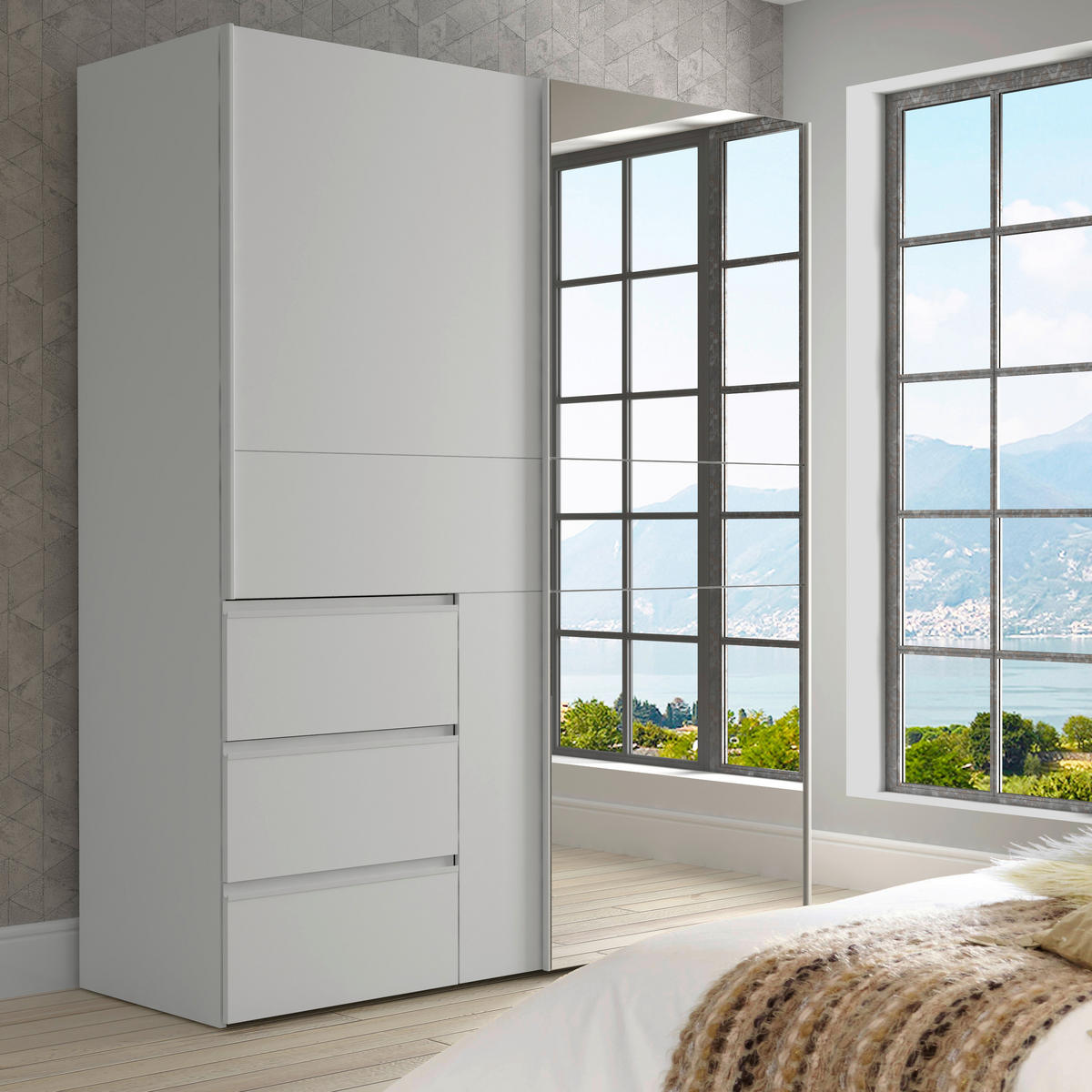 SCHWEBETÜRENSCHRANK  in Weiß  - Alufarben/Weiß, Basics, Holzwerkstoff/Metall (170/200/61cm) - Carryhome
