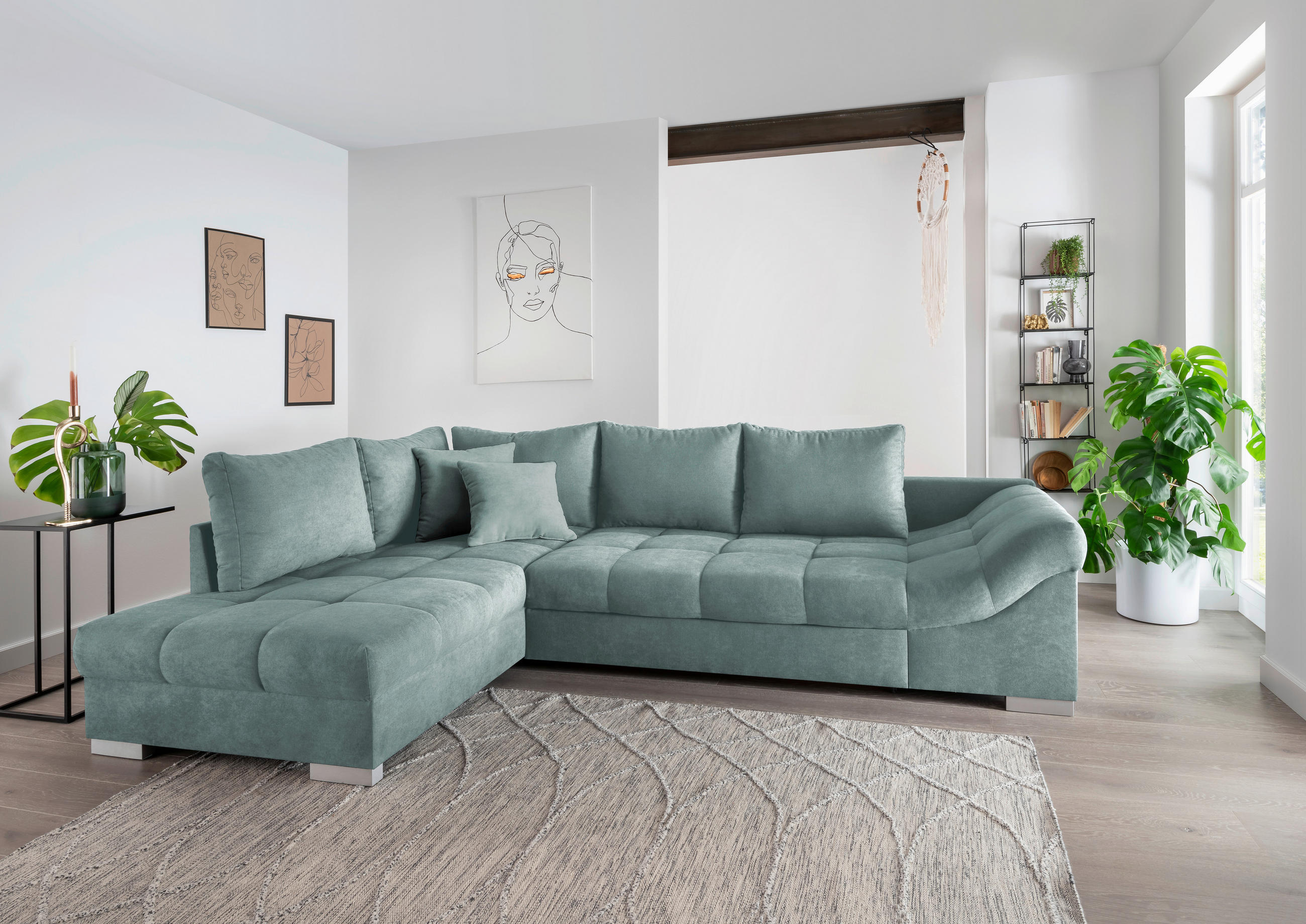 ECKSCHLAFSOFA in Mintgrün Textil   - Silberfarben/Mintgrün, Design, Holz/Textil (202/298cm) - MID.YOU