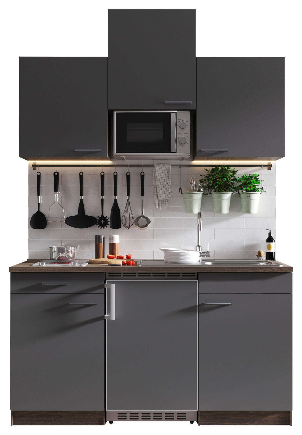 MINIKÜCHE 150 cm   in Grau  - Eichefarben/Alufarben, Basics, Holzwerkstoff/Kunststoff (150cm) - Respekta