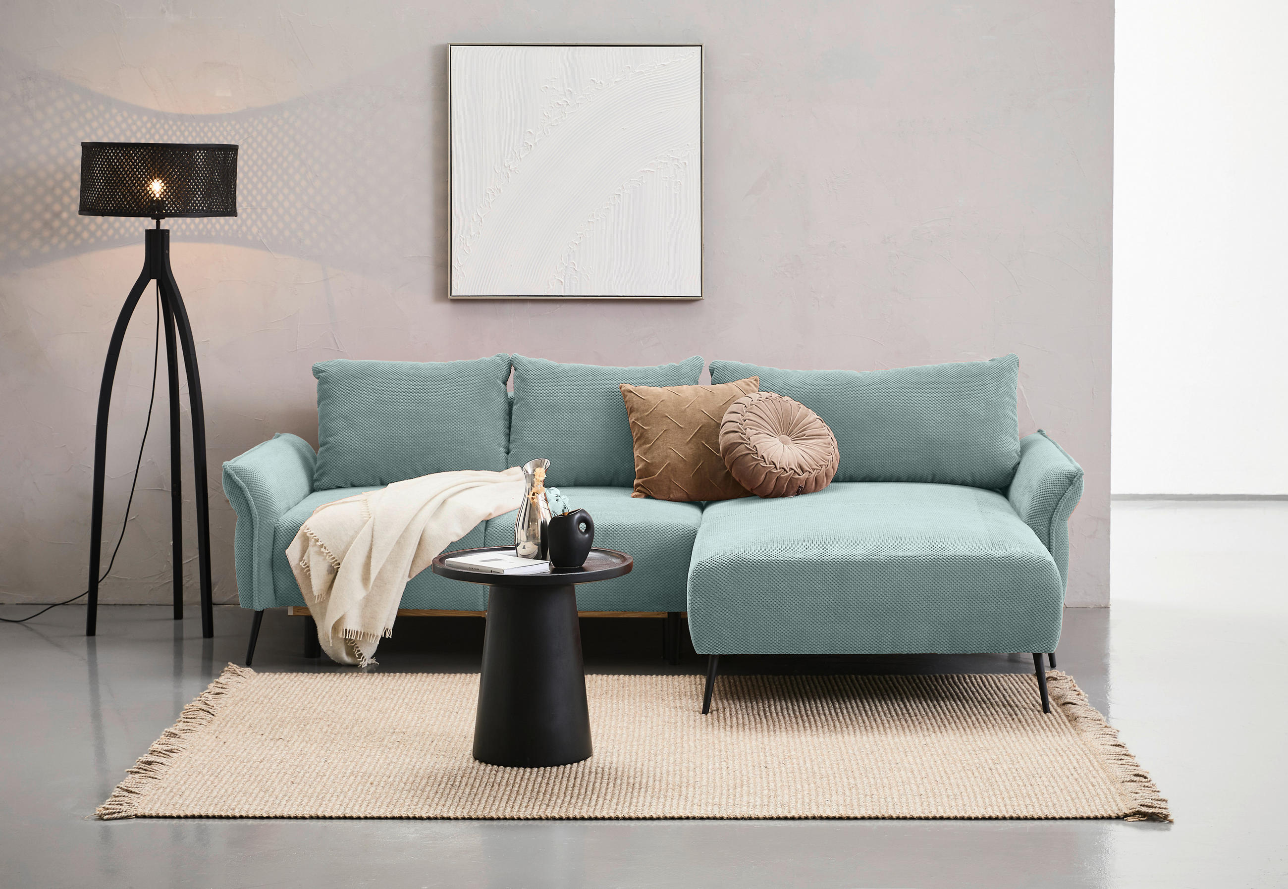 ECKSOFA in Chenille Mintgrün  - Schwarz/Mintgrün, Konventionell, Textil/Metall (255/164cm) - Carryhome