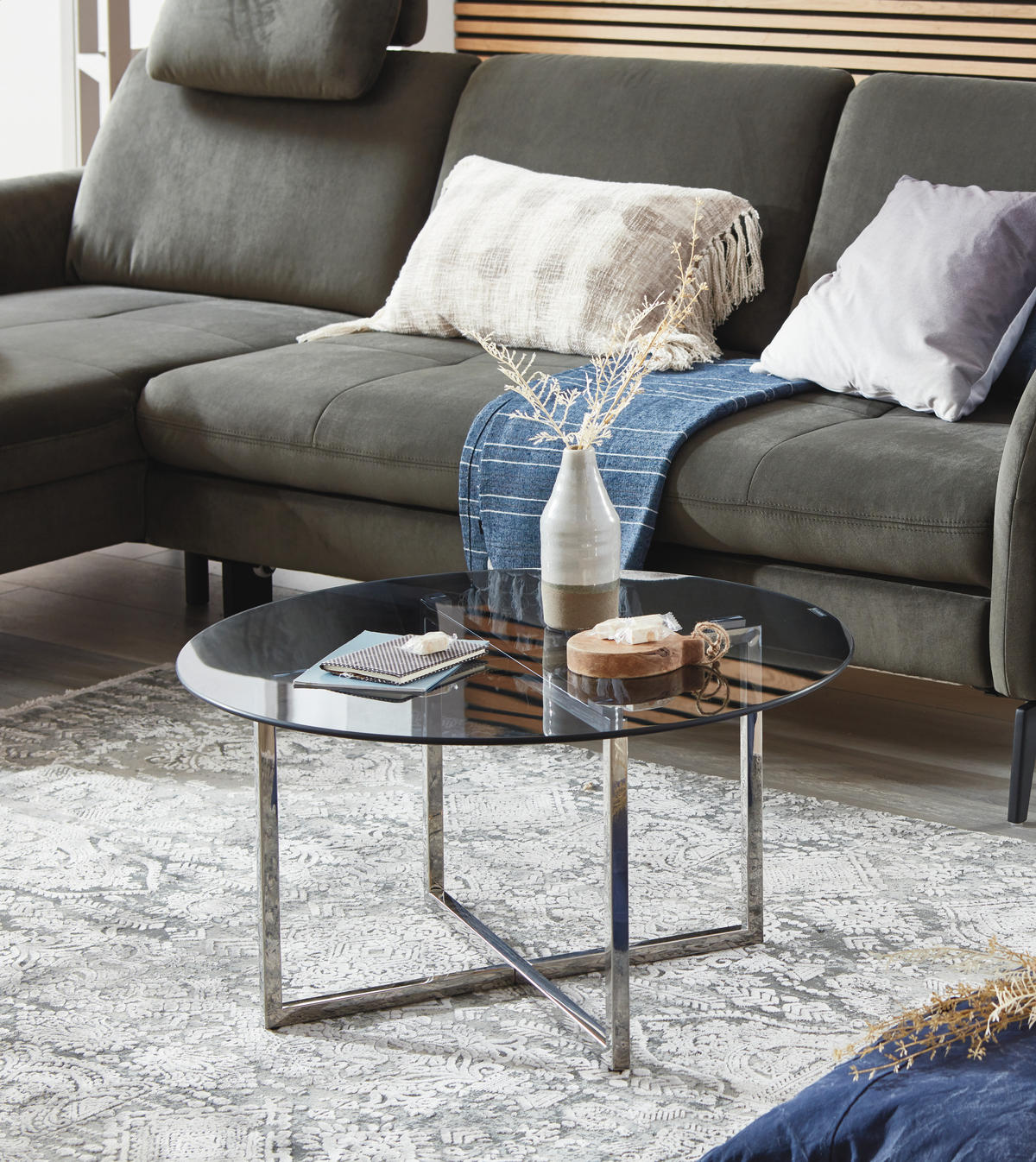COUCHTISCH Ricardo Sicherheitsglas 75/75/45 cm rund Grau, Edelstahlfarben  - Edelstahlfarben/Grau, MODERN, Glas/Metall (75/75/45cm)