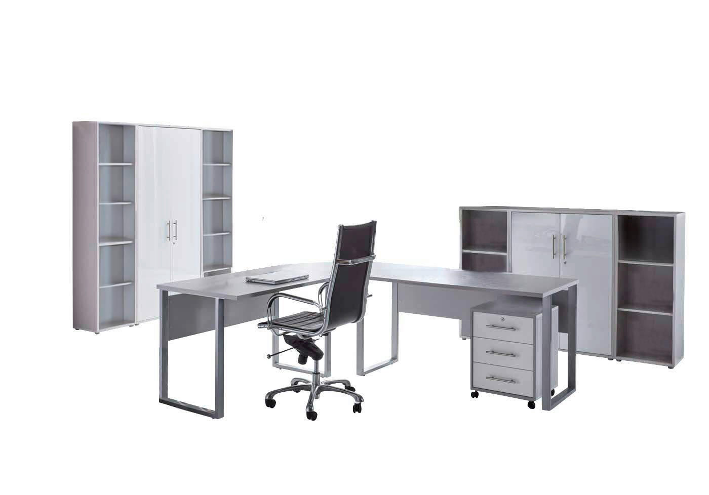 BÜRO erweiterbar, in verschiedenen Holz-Dekoren erhältlich, Schreibtisch seitenverkehrt montierbar, abschließbar Grau, Weiß Hochglanz - Weiß Hochglanz/Grau, MODERN, Holzwerkstoff - MID.YOU