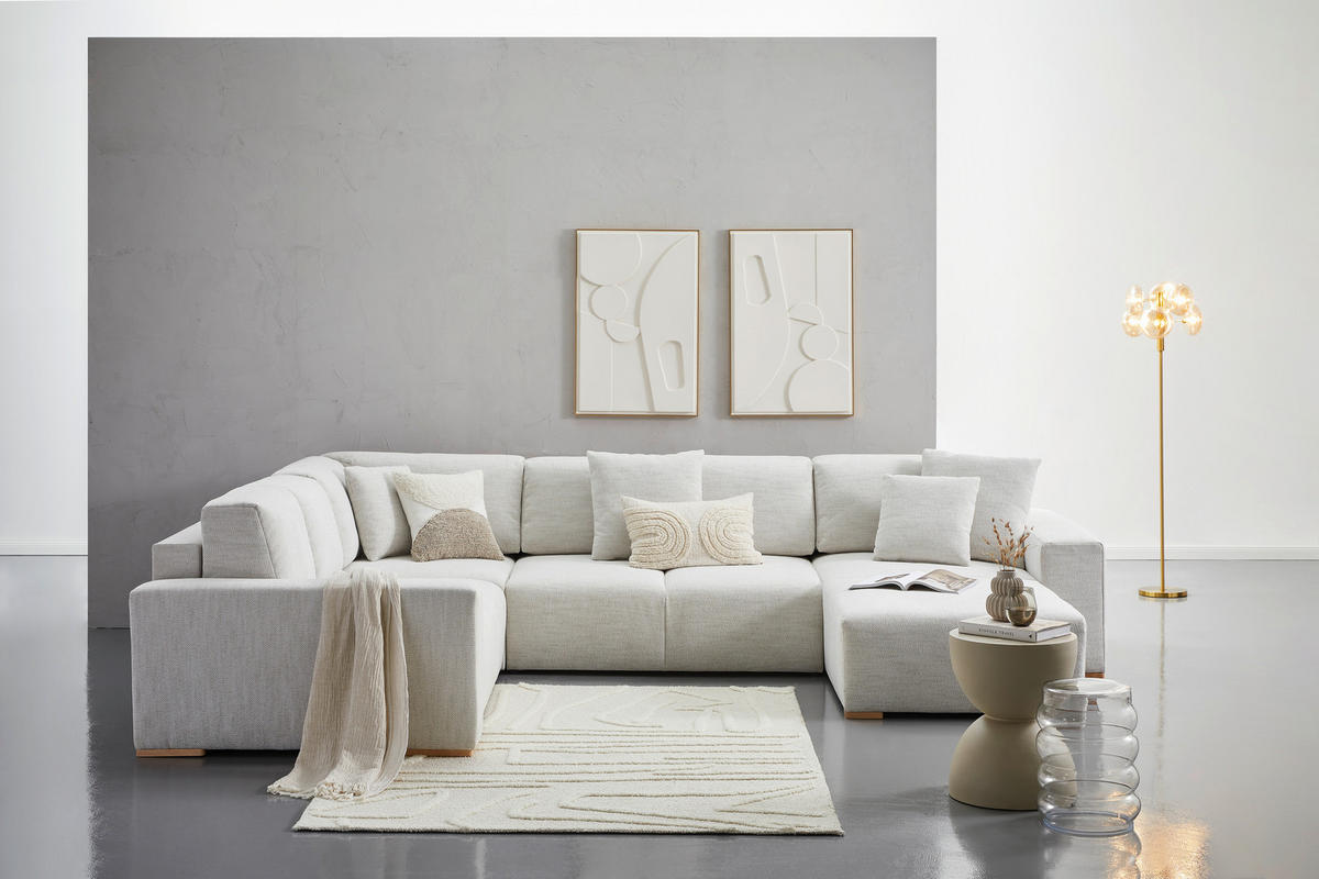 WOHNLANDSCHAFT in Flachgewebe Beige  - Beige/Buchefarben, Konventionell, Holz/Kunststoff (283/371/208cm) - Livetastic