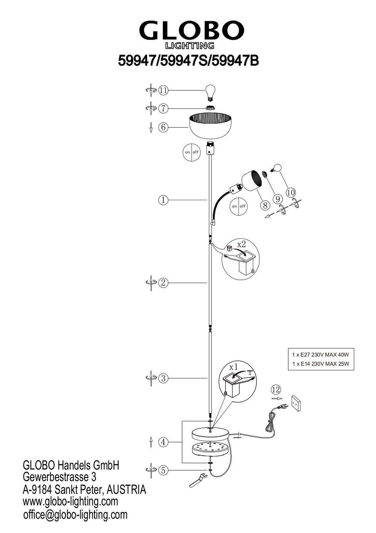 STEHLEUCHTE 26/178,7 cm    - Schwarz/Weiß, Design, Kunststoff/Metall (26/178,7cm) - Globo