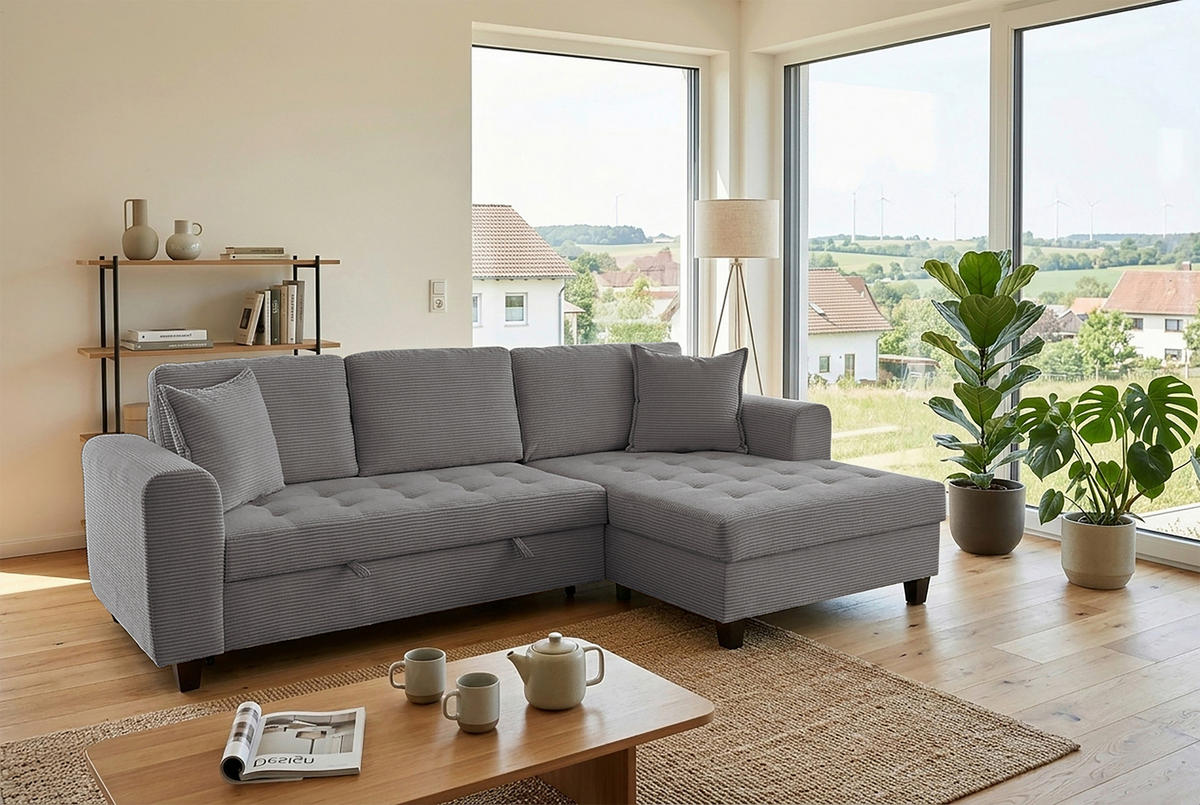 ECKSOFA MORITZ Grau Cord Zierkissen, Bettkasten  - Grau, Trend, Textil (265/155cm) - P & B