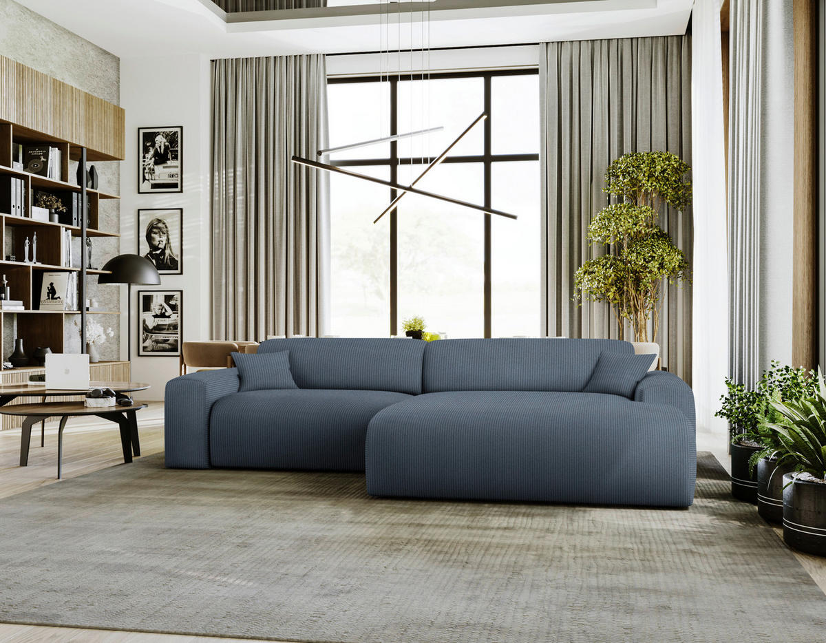 ECKSOFA in Velours, Feincord Blaugrau  292/178 cm  - Blaugrau/Schwarz, Design, Kunststoff/Textil (292/178cm) - home24