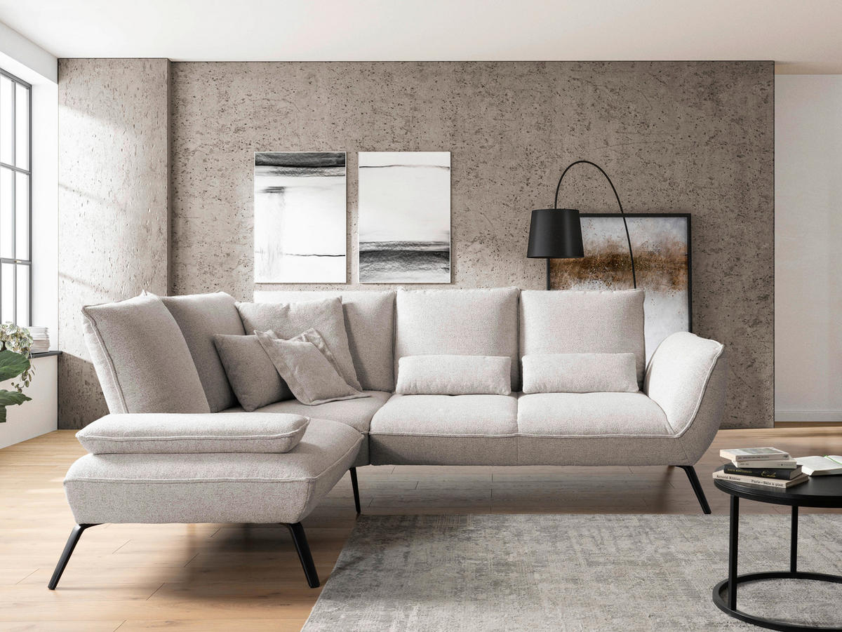 ECKSOFA Beige Flachgewebe, Struktur Armlehnenkissen  - Beige/Schwarz, Design, Textil/Metall (233/259cm) - Moderano