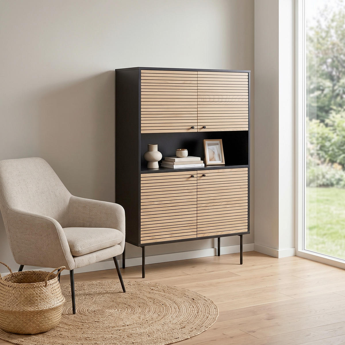FÉLMAGAS SZEKRÉNY 100/155/40 cm  - tölgyfa színű/fekete, Design, faalapú anyag/fa (100/155/40cm) - Livetastic
