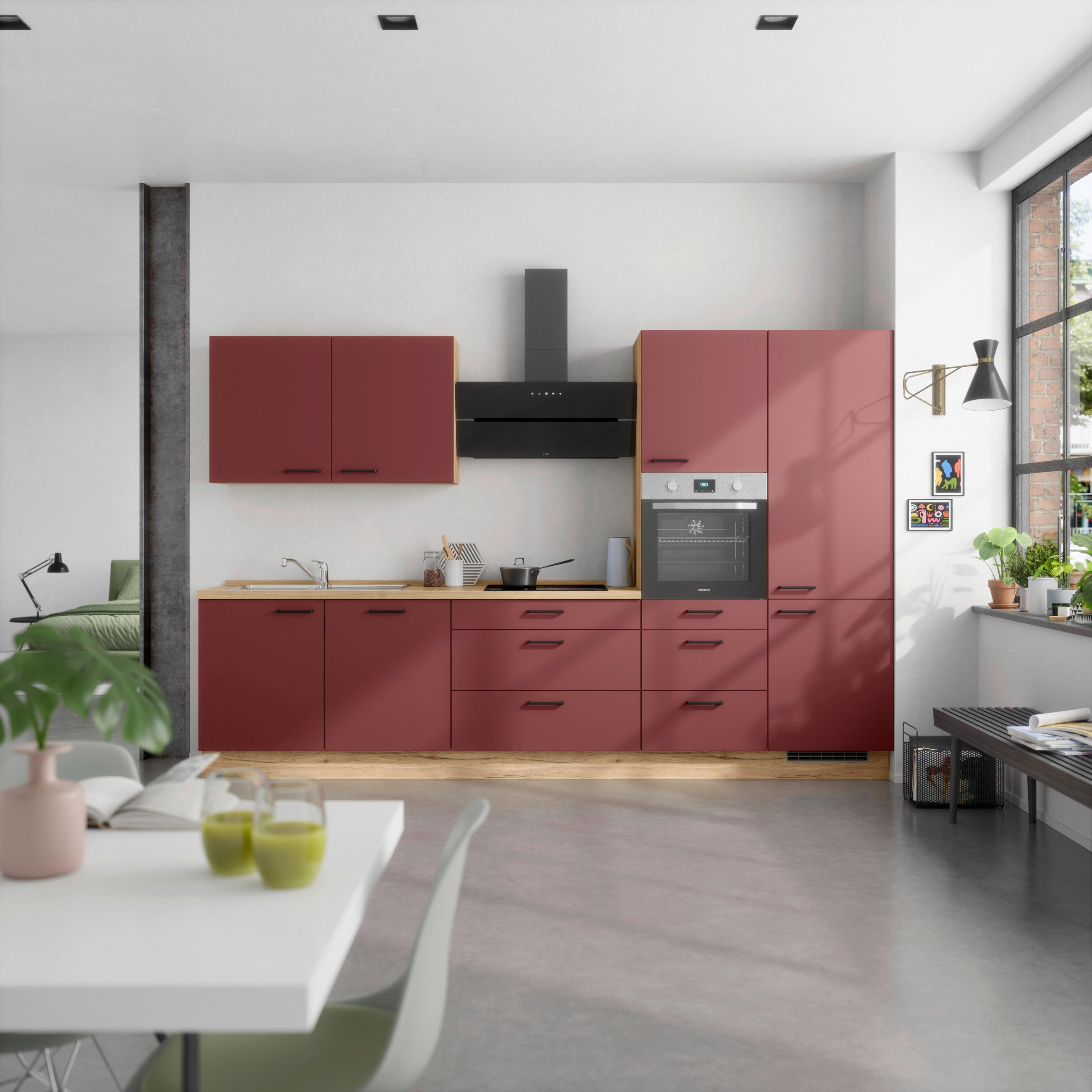 KÜCHENBLOCK Easytouch 330 cm  in Eichefarben, Dunkelrot  - Eichefarben/Schwarz, MODERN, Holzwerkstoff/Metall (330cm) - Nobilia