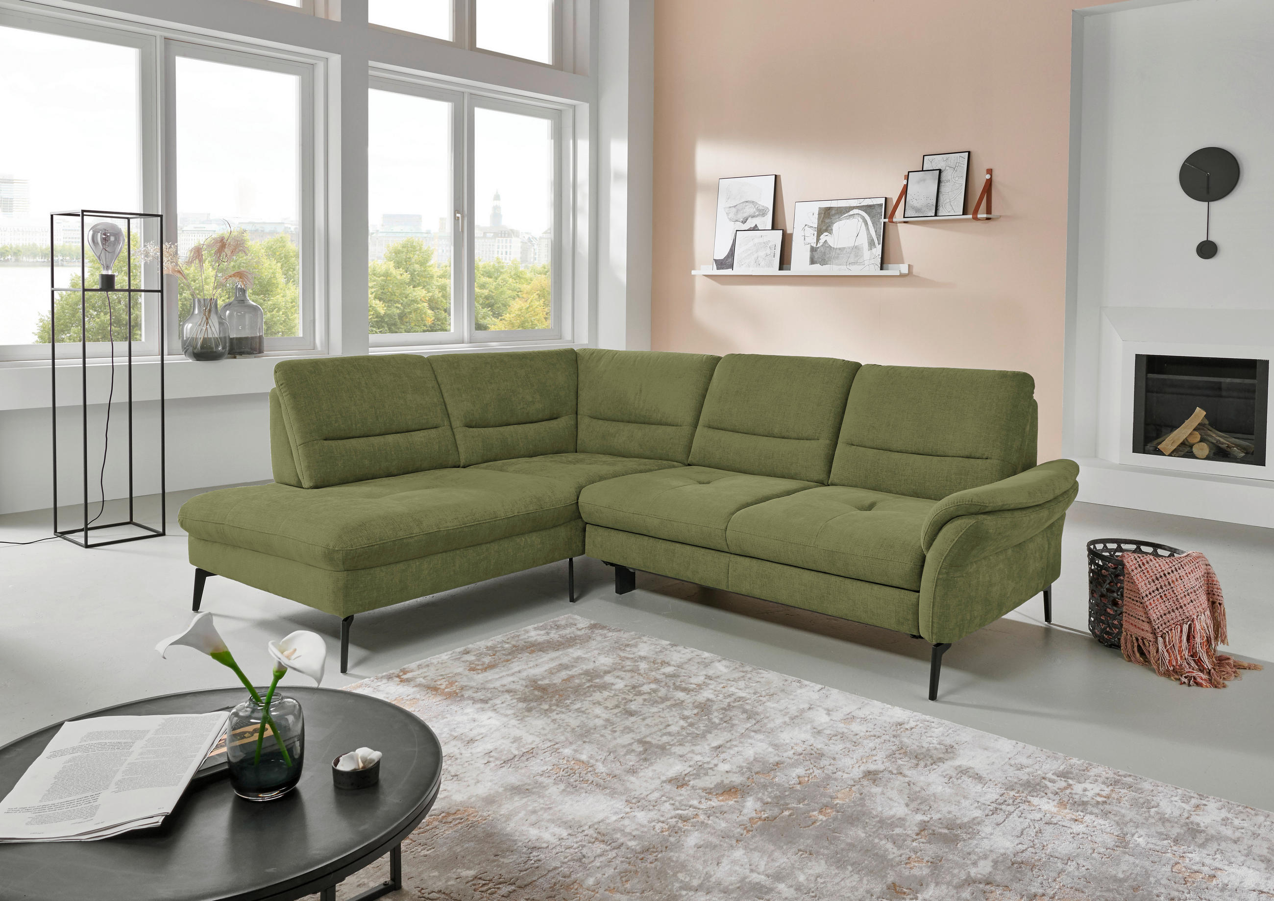 ECKSOFA in Webstoff Grün  - Schwarz/Grün, Design, Textil/Metall (206/256cm) - Beldomo System