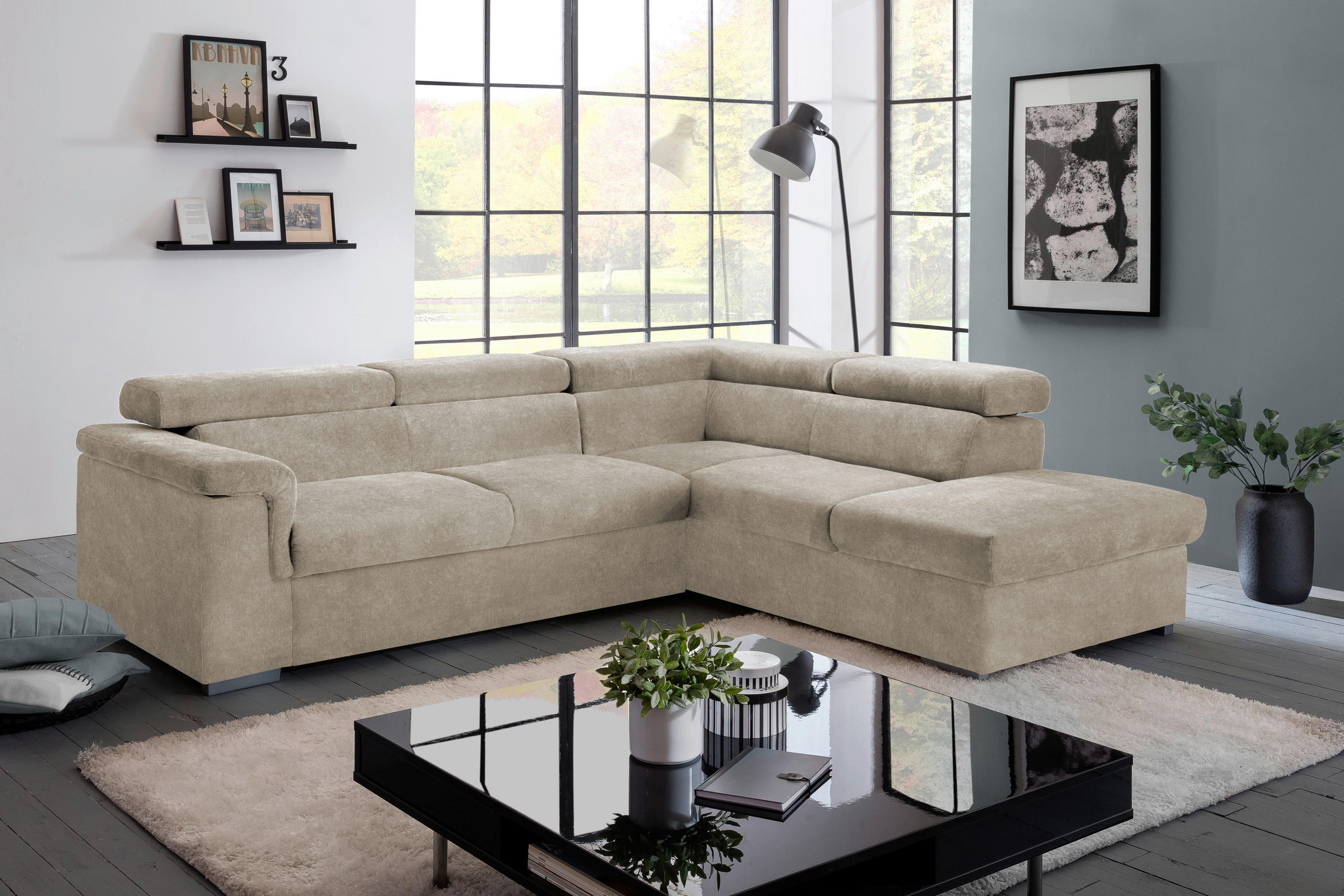 ECKSOFA Beige Flachgewebe  - Beige, Basics, Holz/Textil (252/217cm) - MID.YOU