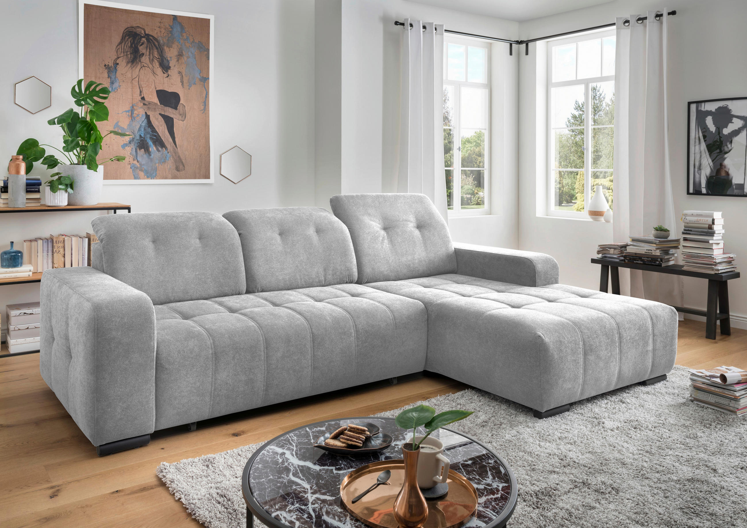 ECKSOFA in Chenille Grau  - Schwarz/Grau, Modern, Textil/Metall (185/292cm) - Livetastic