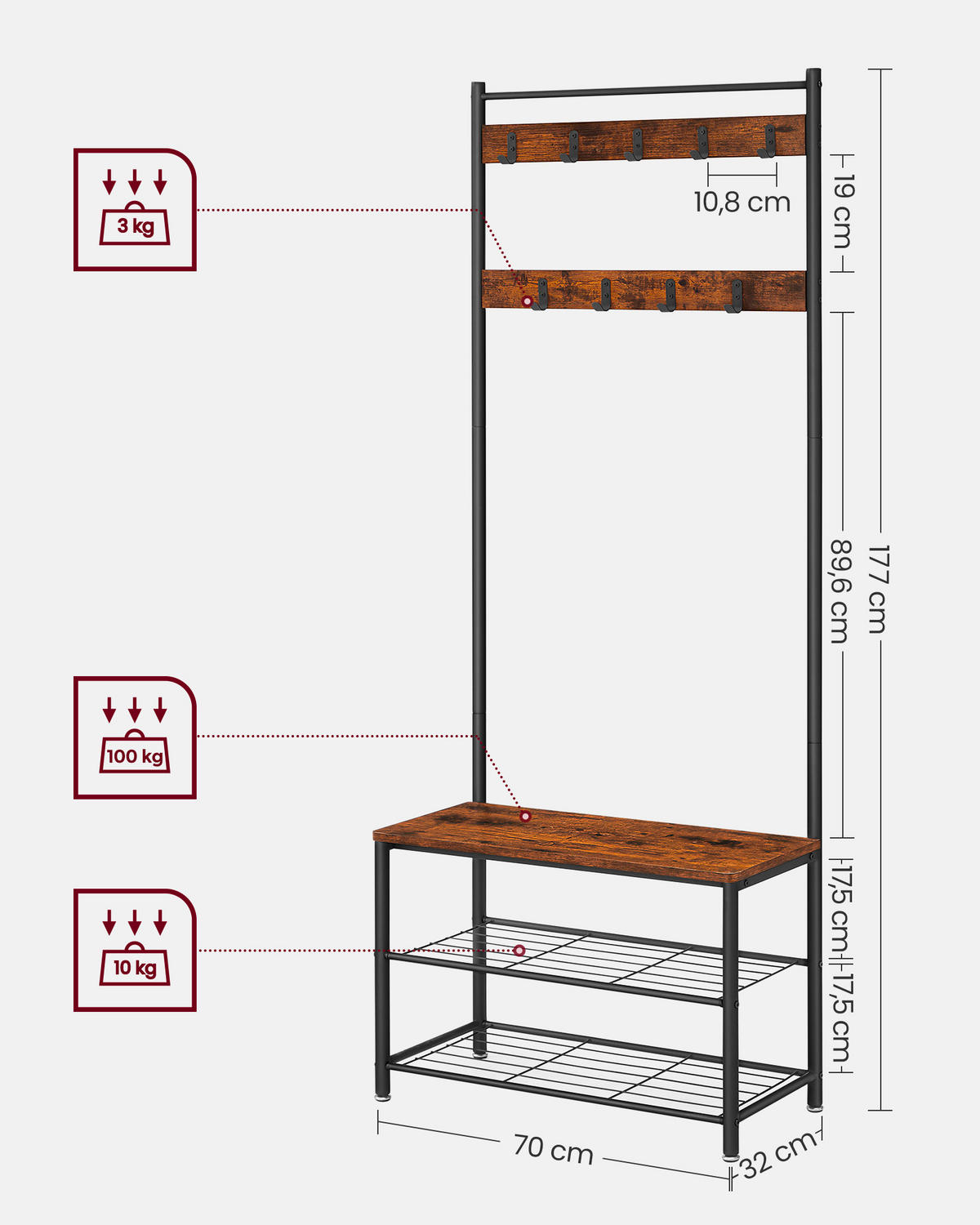 GARDEROBENSTÄNDER in Braun, Schwarz 70/175/32 cm   - Schwarz/Braun, Trend, Holzwerkstoff/Metall (70/175/32cm) - Boxxx