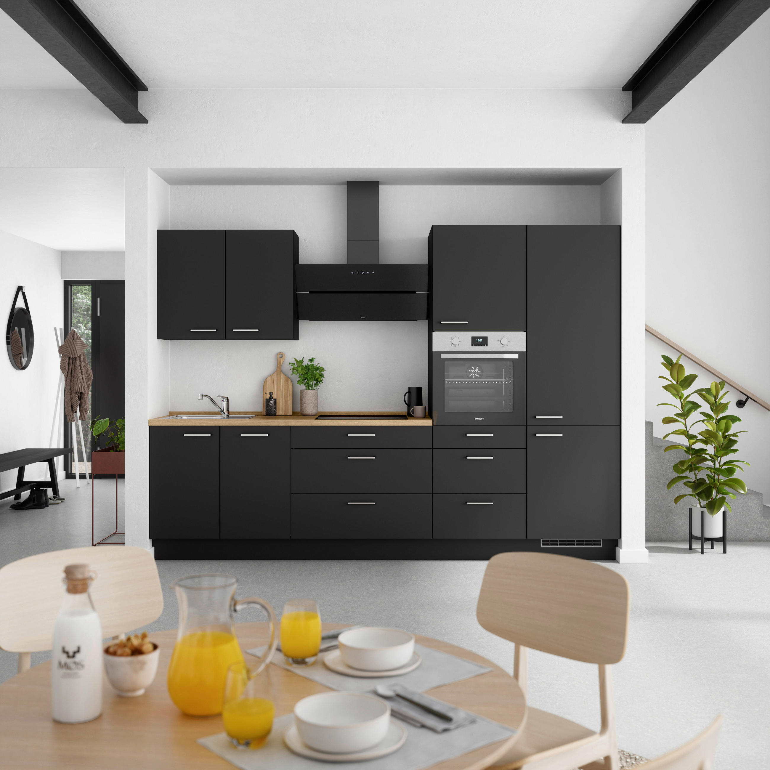 KÜCHENLEERBLOCK 300 cm   in Schwarz, Eichefarben  - Edelstahlfarben/Eichefarben, MODERN, Holzwerkstoff/Metall (300cm) - Nobilia