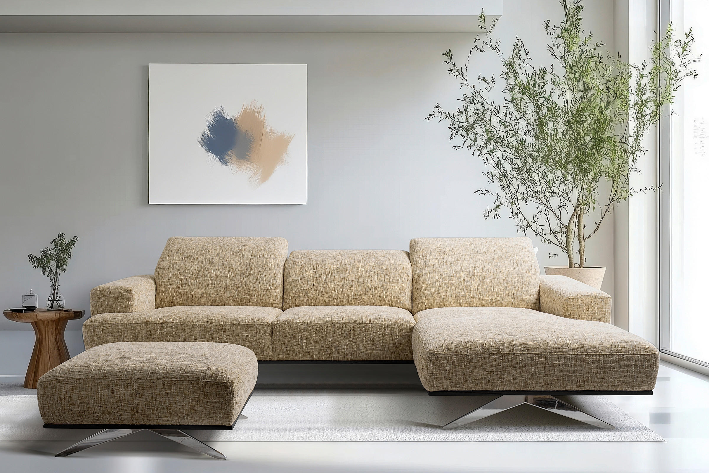 ECKSOFA PORTLAND Hellbraun Struktur Kopfteilverstellung  - Chromfarben/Hellbraun, Design, Holz/Textil (295/187cm) - Livetastic