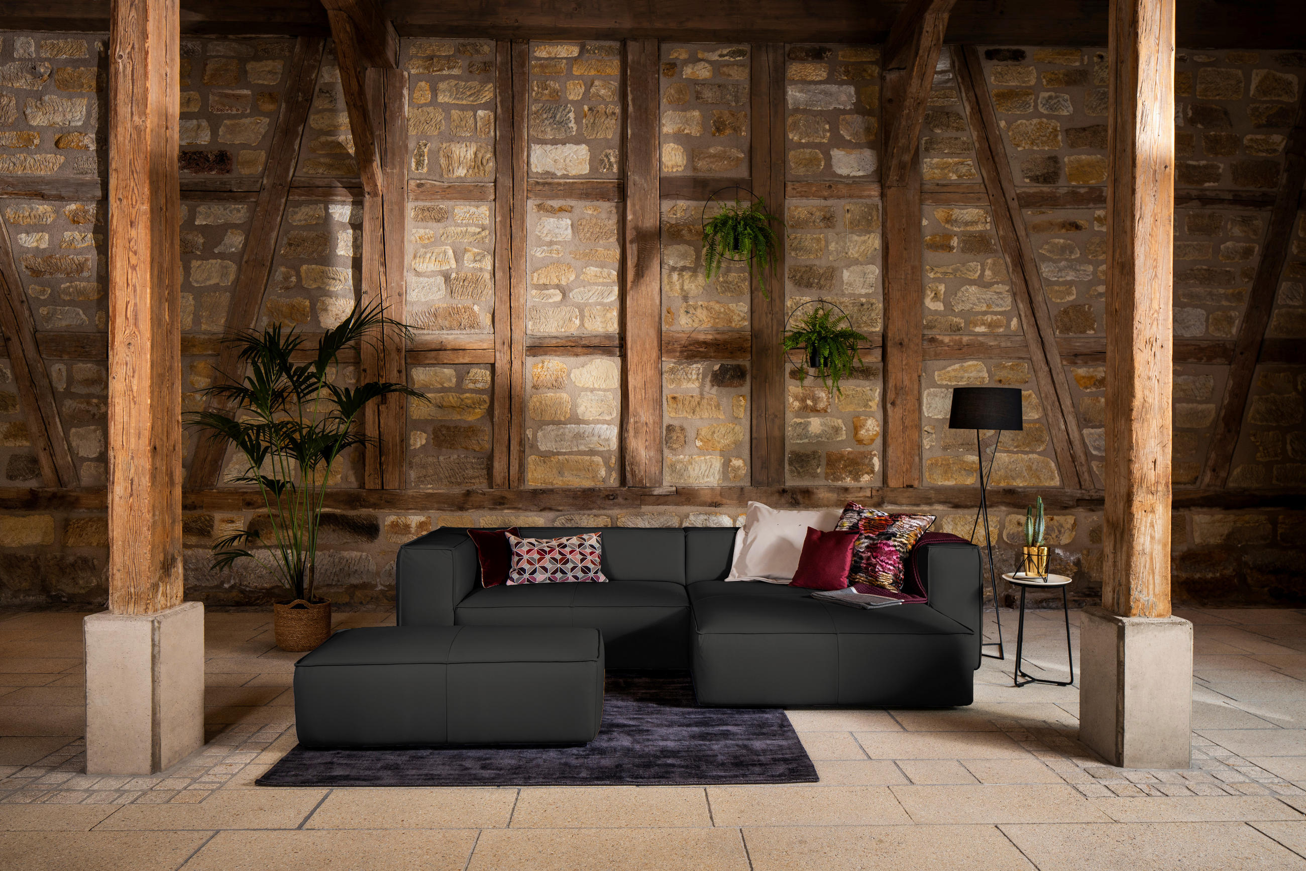 HOCKER Echtleder Graphitfarben  - Schwarz/Graphitfarben, MODERN, Leder/Kunststoff (120/39/60cm) - Chilliano