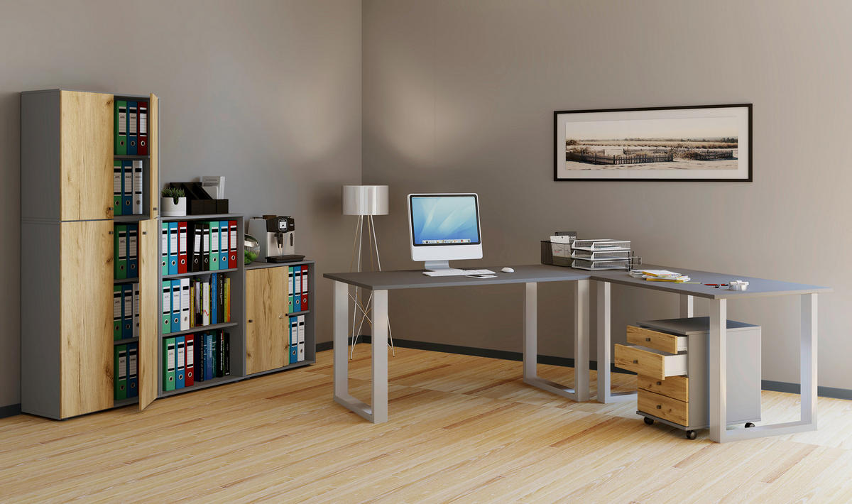 ECKSCHREIBTISCH 160/130/76 cm Anthrazit, Silberfarben  - Anthrazit/Silberfarben, Design, Holzwerkstoff/Metall (160/130/76cm) - MID.YOU