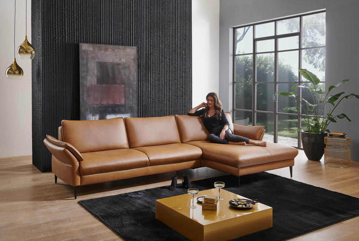 ECKSOFA Valdera in Echtleder Braun  334/172 cm  - Schwarz/Braun, Design, Leder/Metall (334/172cm) - Valdera
