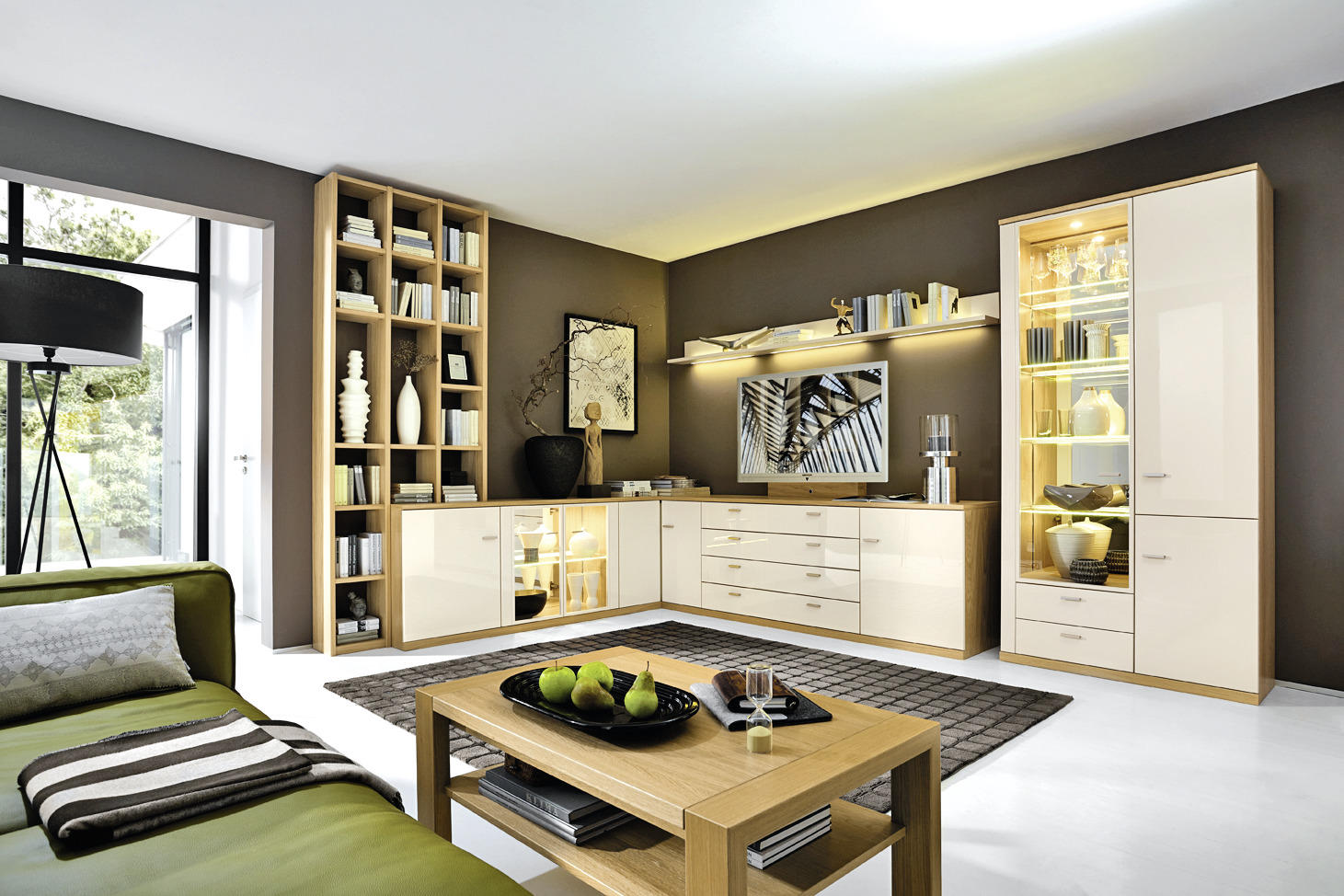 WOHNWAND  in Eichefarben, Beige   - Eichefarben/Eschefarben, KONVENTIONELL, Glas/Holz - Invivus