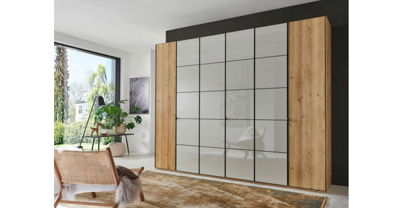 DREHTÜRENSCHRANK 300/216/58 cm 6-türig Champagner, Eiche Bianco - Schieferfarben/Eiche Bianco, Design, Glas/Holzwerkstoff (300/216/58cm) - Novel
