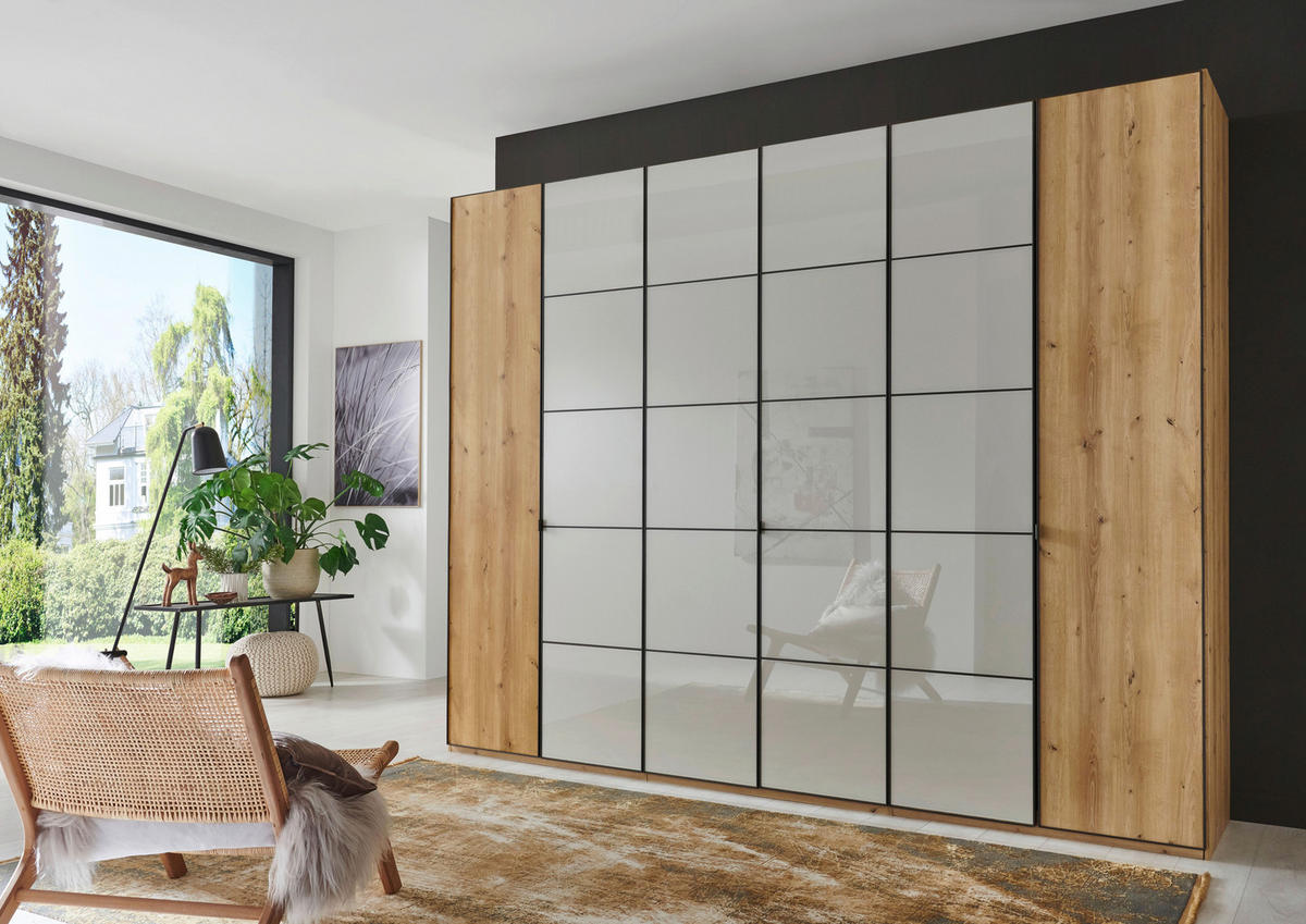 DREHTÜRENSCHRANK in Champagner, Eiche Bianco  - Schieferfarben/Eiche Bianco, Modern, Glas/Holzwerkstoff (300/216/58cm) - Novel