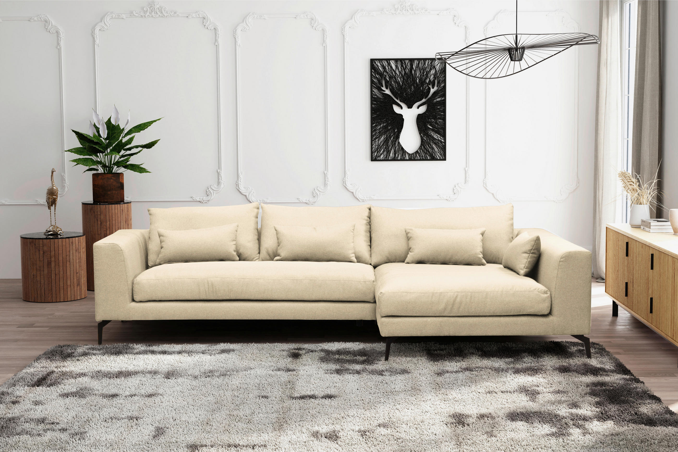 ECKSOFA Creme Webstoff  - Creme/Schwarz, Design, Textil/Metall (313/172cm) - Livetastic