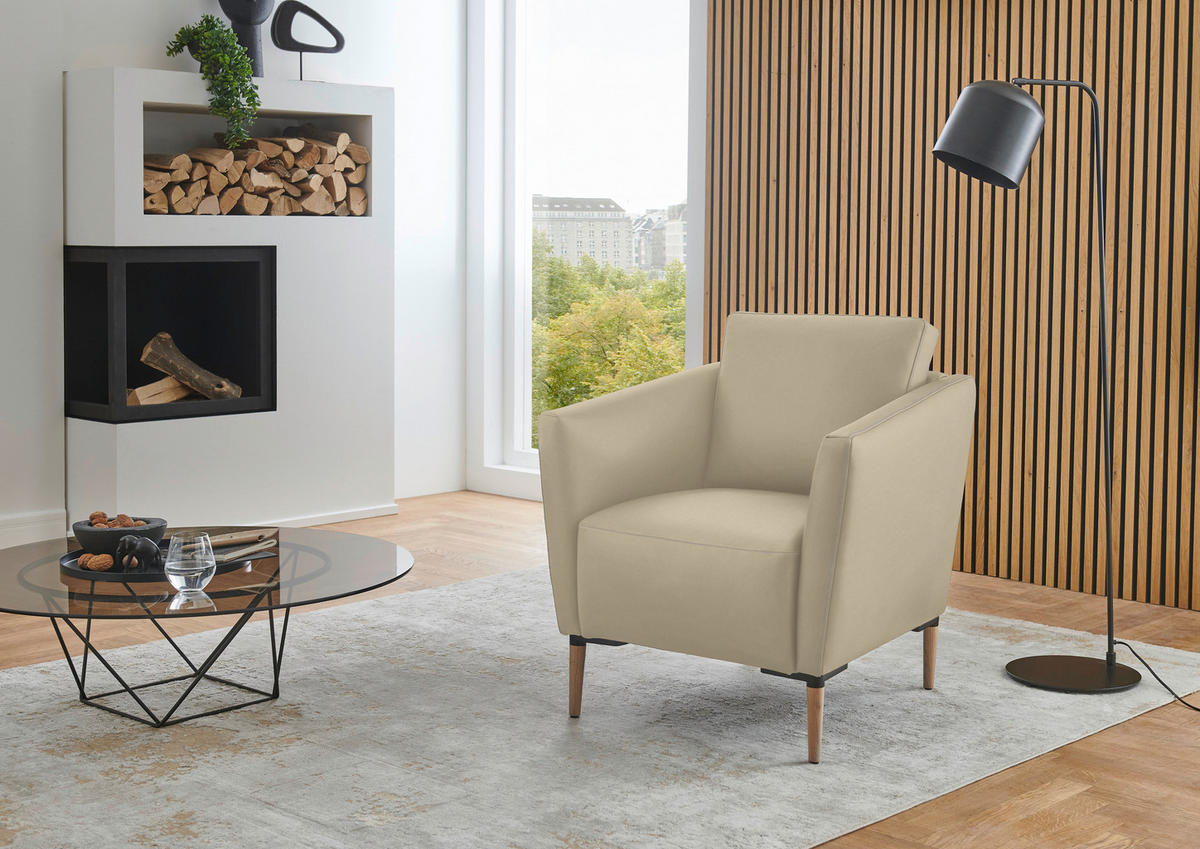 SESSEL in Echtleder Ecru  - Ecru/Eichefarben, Natur, Leder/Holz (75/84/76cm) - Valnatura