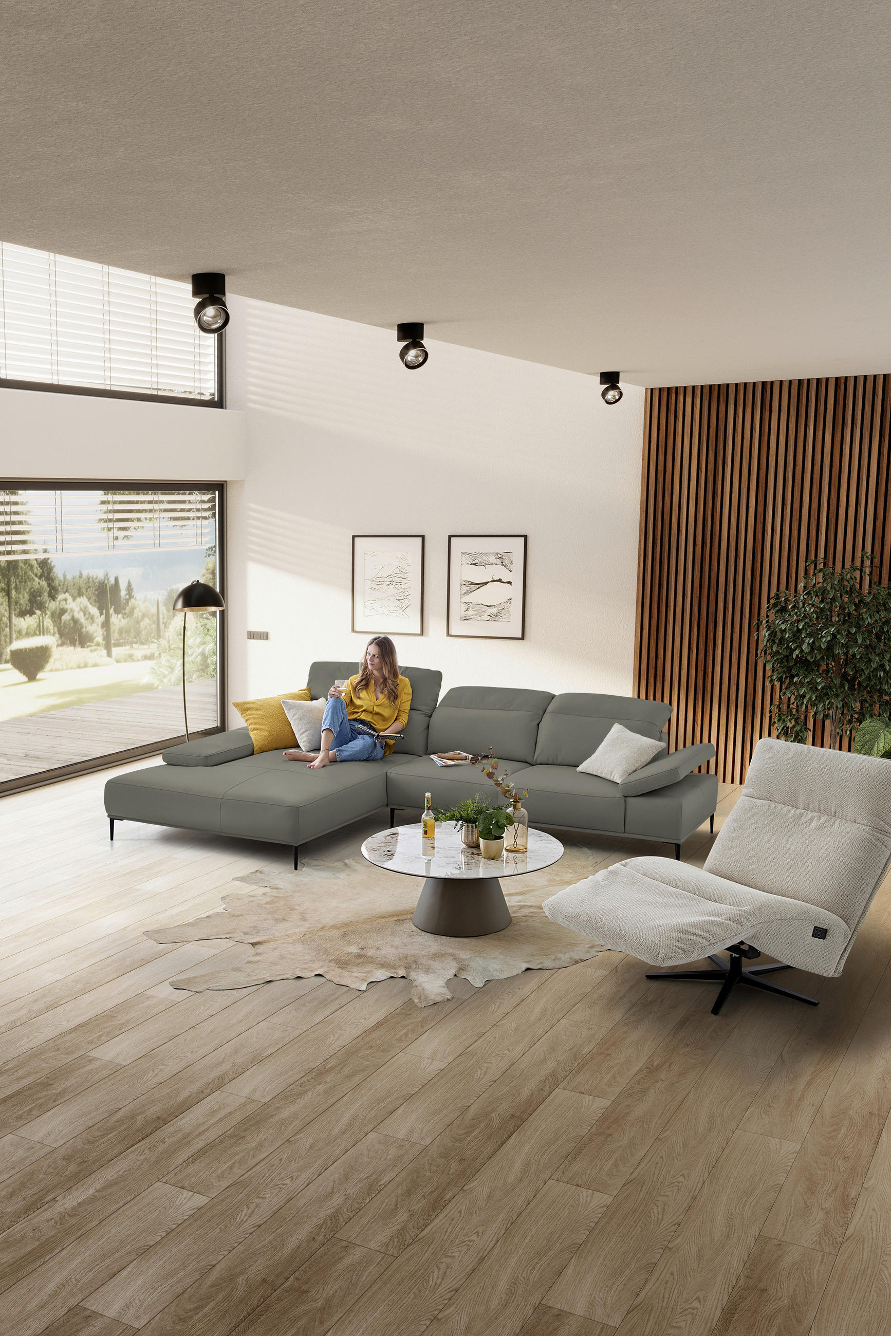 ECKSOFA  in Echtleder Grau  206/322 cm  - Schwarz/Grau, MODERN, Leder/Metall (206/322cm) - Chilliano