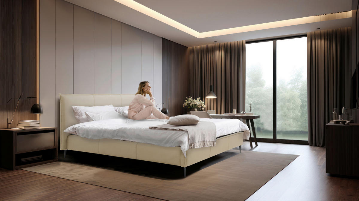 POLSTERBETT 140/200 cm,  in Beige, gepolstertes Kopfteil,  - Beige/Schwarzchrom, KONVENTIONELL, Leder/Metall (140/200cm) - Esposa