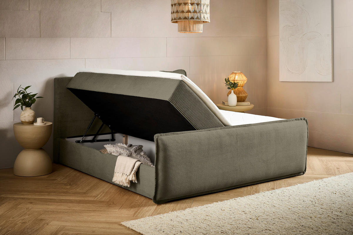 BOXBETT 180/200 cm,  in Waldgrün, Kissen, Bettkasten, Topper, H3 + H3 = fest  - Waldgrün/Schwarz, Design, Kunststoff/Textil (180/200cm) - Chameo