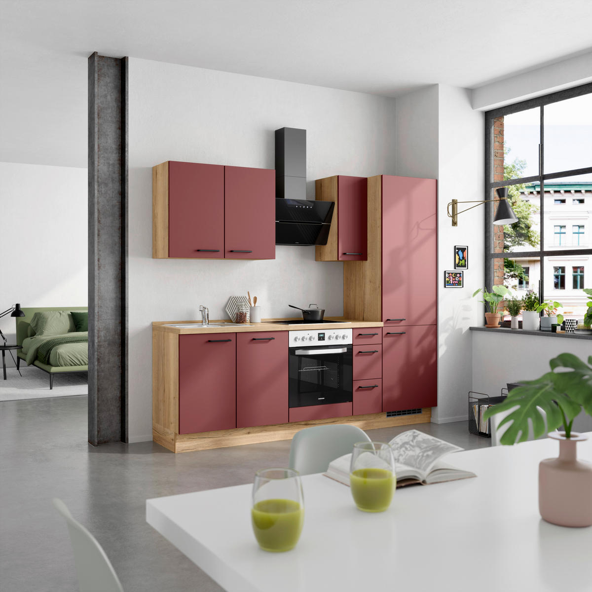 KÜCHENLEERBLOCK 240 cm   in Rot, Eichefarben  - Eichefarben/Rot, MODERN, Holzwerkstoff/Metall (240cm) - Nobilia