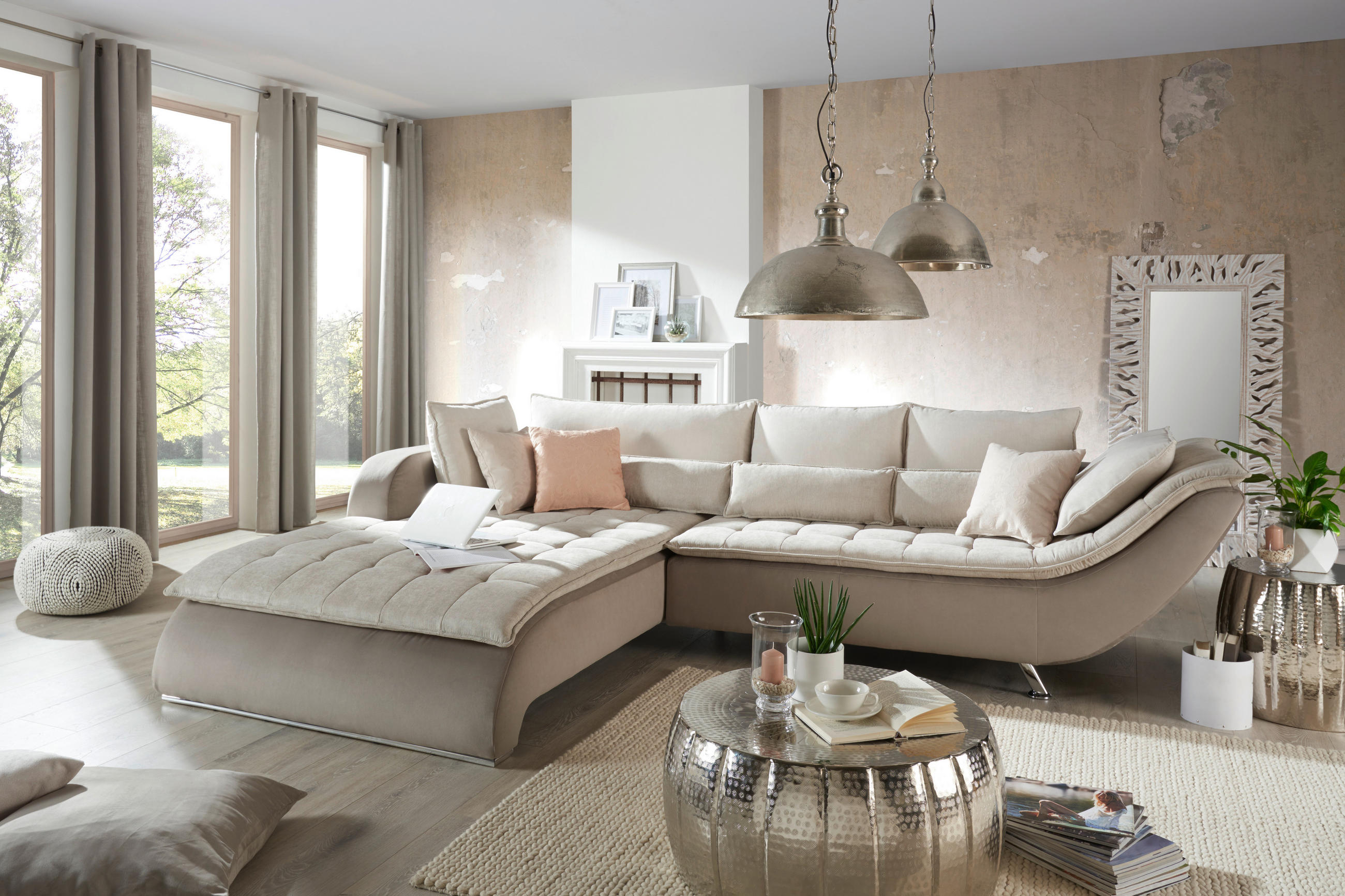 HÖRNSOFFA i vävt tyg taupe, beige  - beige/sandfärgad, Design, metall/textil (220/300cm) - Livetastic