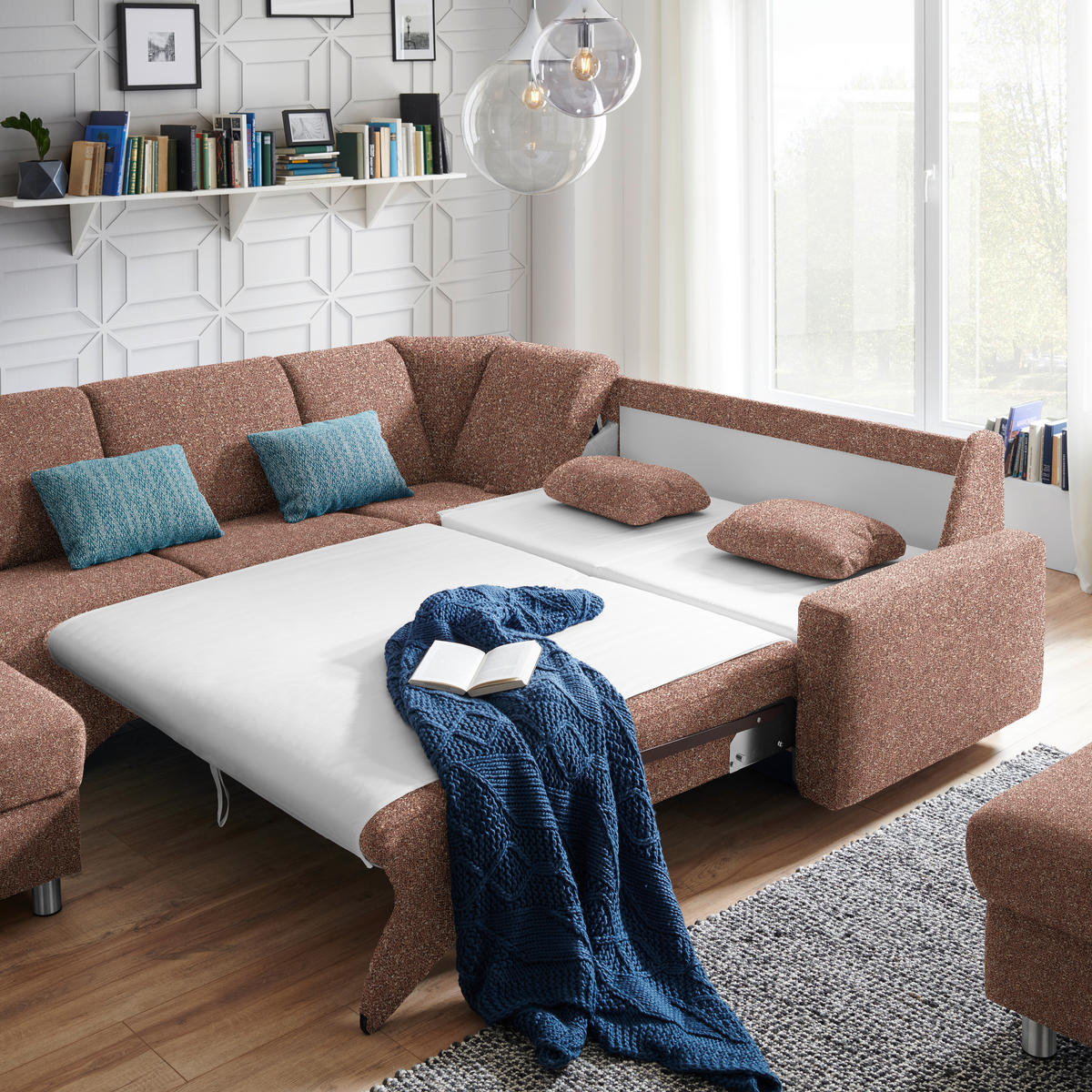 WOHNLANDSCHAFT  in Mikrovelours Terracotta  - Terracotta/Alufarben, KONVENTIONELL, Kunststoff/Textil (158/322/236cm) - Sedda