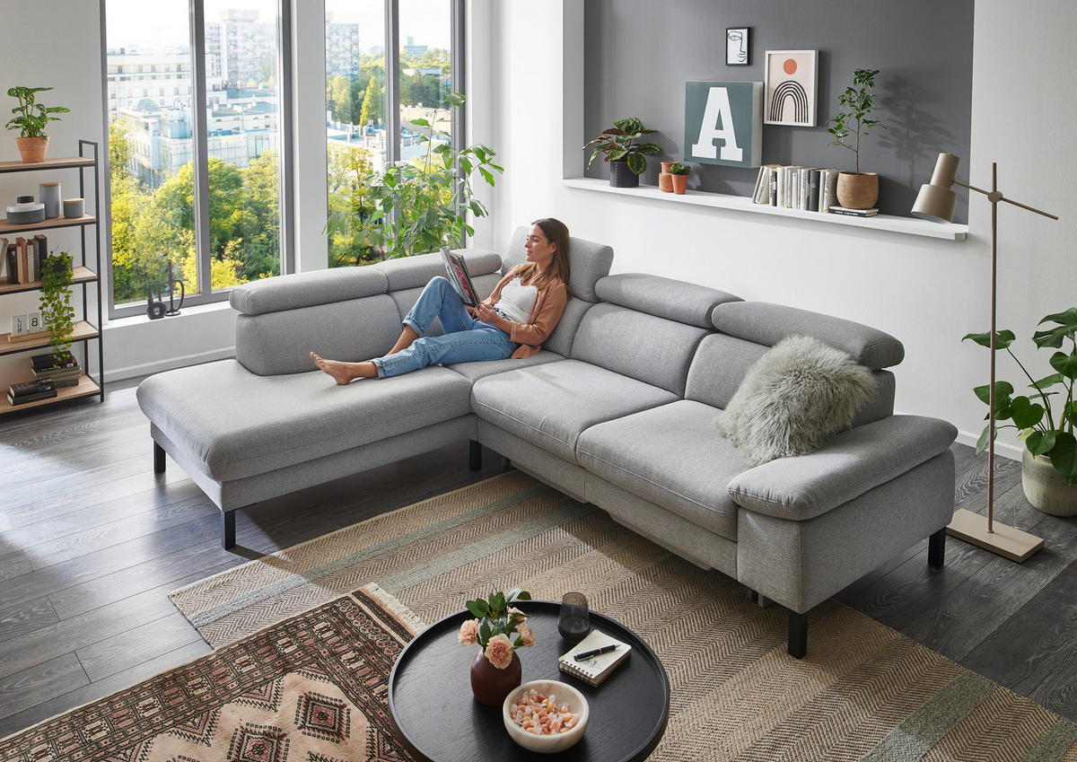 ECKSOFA in Flachgewebe Hellgrau  - Hellgrau/Schwarz, Design, Holzwerkstoff/Textil (217/272cm) - Pure Home Comfort