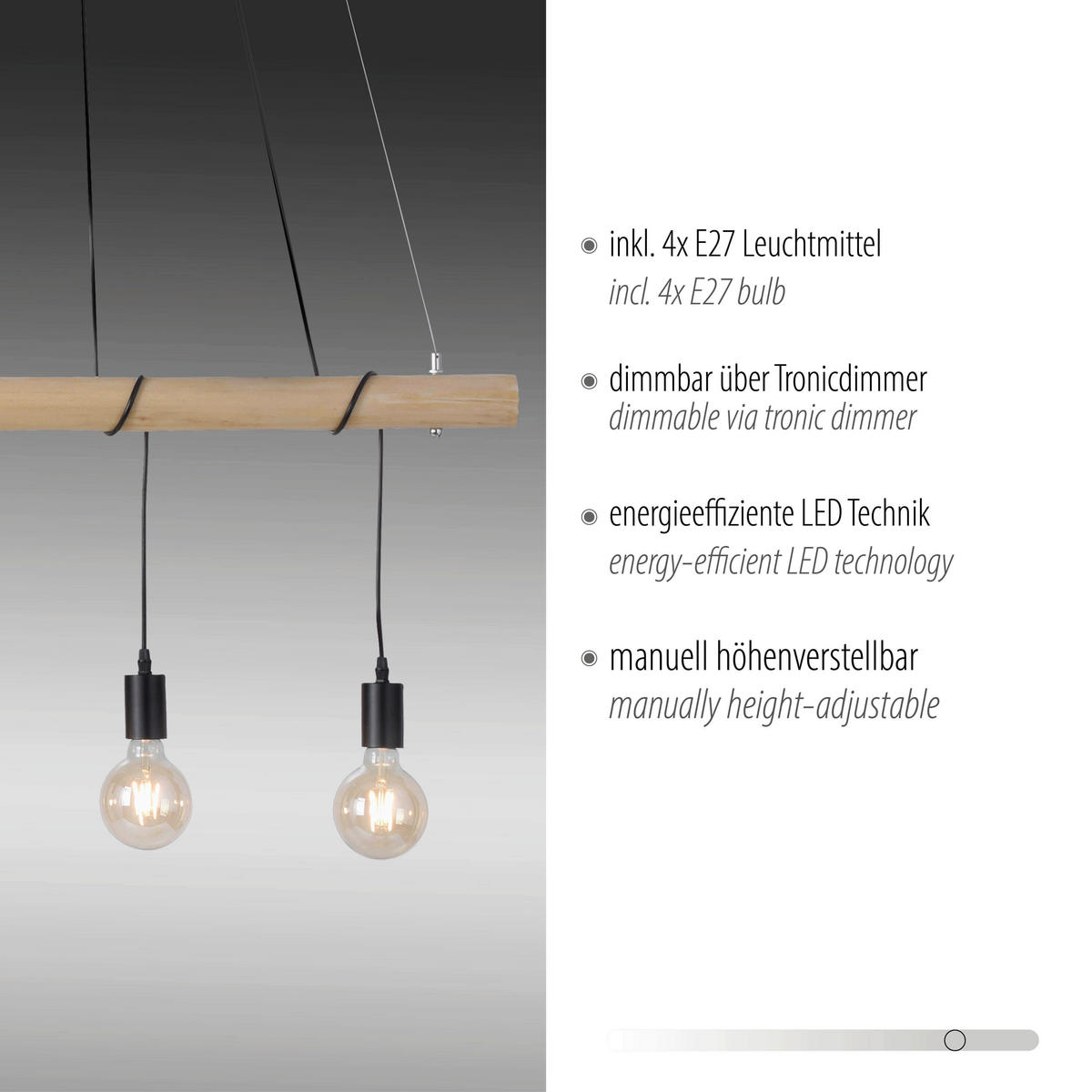 LED-HÄNGELEUCHTE  100/9,5/120 cm    - Eukalyptusholzfarben/Schwarz, Natur, Holz/Kunststoff (100/9,5/120cm) - Just Light