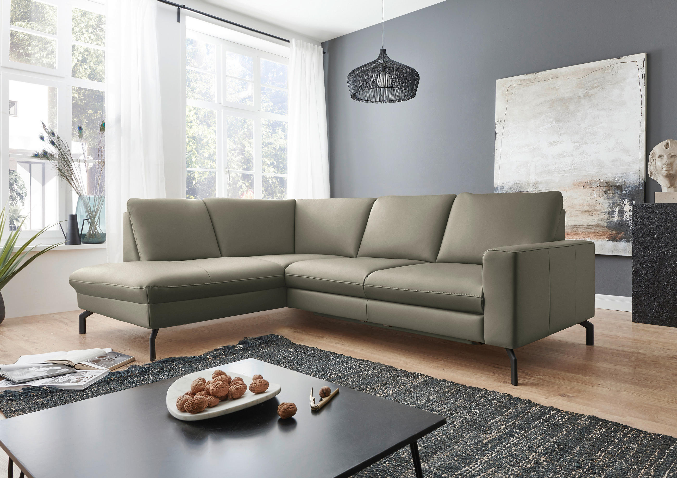 ECKSOFA in Echtleder Hellgrau  - Hellgrau/Schwarz, Design, Leder/Metall (194/250cm) - Beldomo Premium