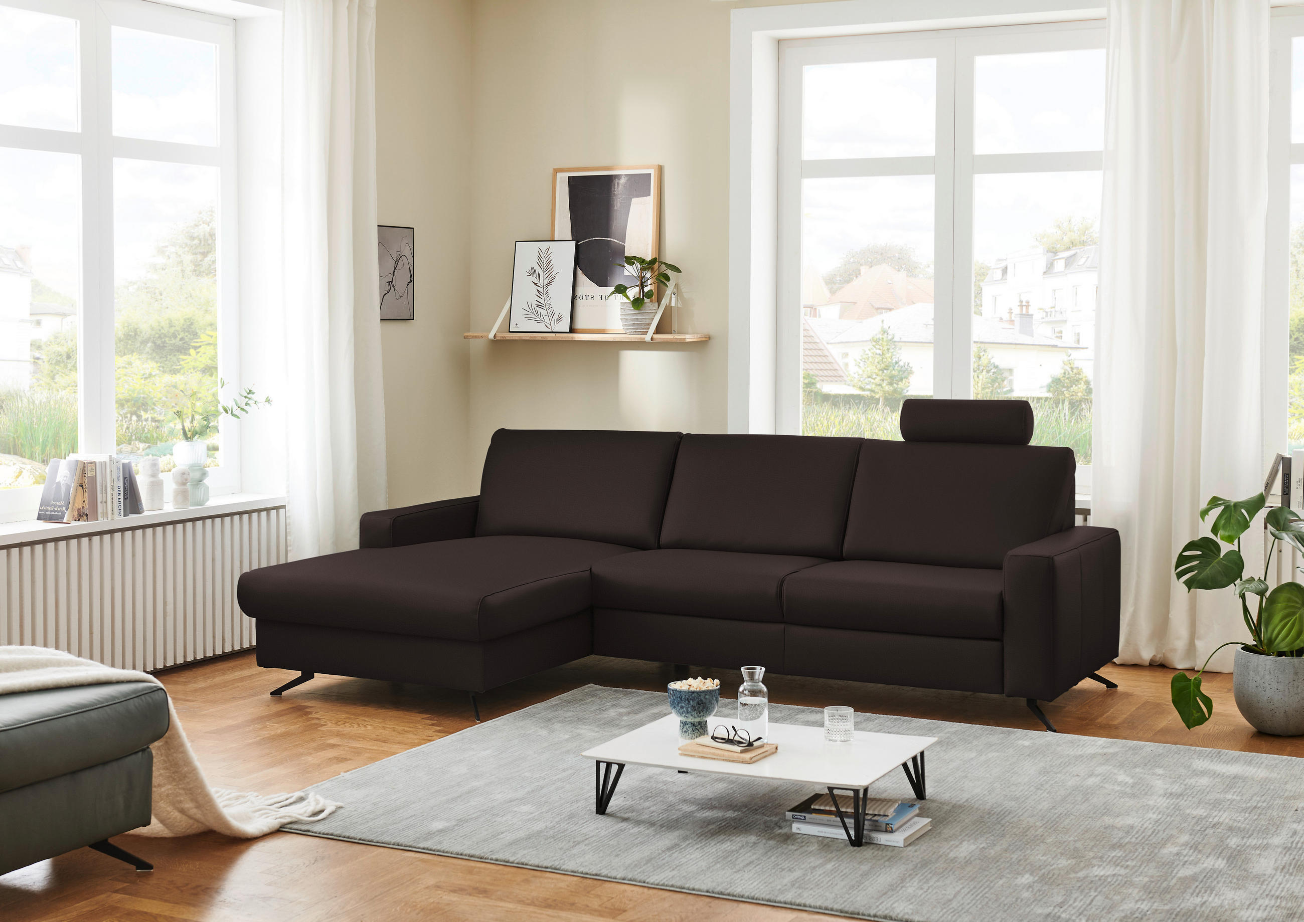 ECKSOFA in Echtleder Dunkelbraun  165/267 cm  - Dunkelbraun/Schwarz, Design, Leder/Metall (165/267cm) - Beldomo Premium