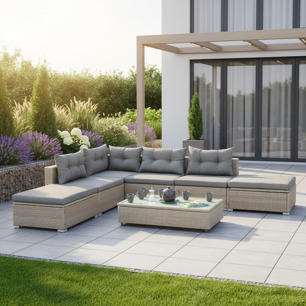 LOUNGEGARNITUR 7-teilig   Stahl  - Naturfarben/Grau, MODERN, Glas/Kunststoff - Gardenson