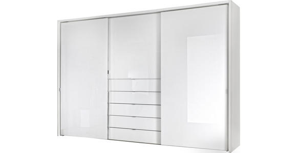 SCHWEBETÜRENSCHRANK  in Weiß  - Chromfarben/Weiß, Design, Glas/Holzwerkstoff (298/222/68cm) - Moderano