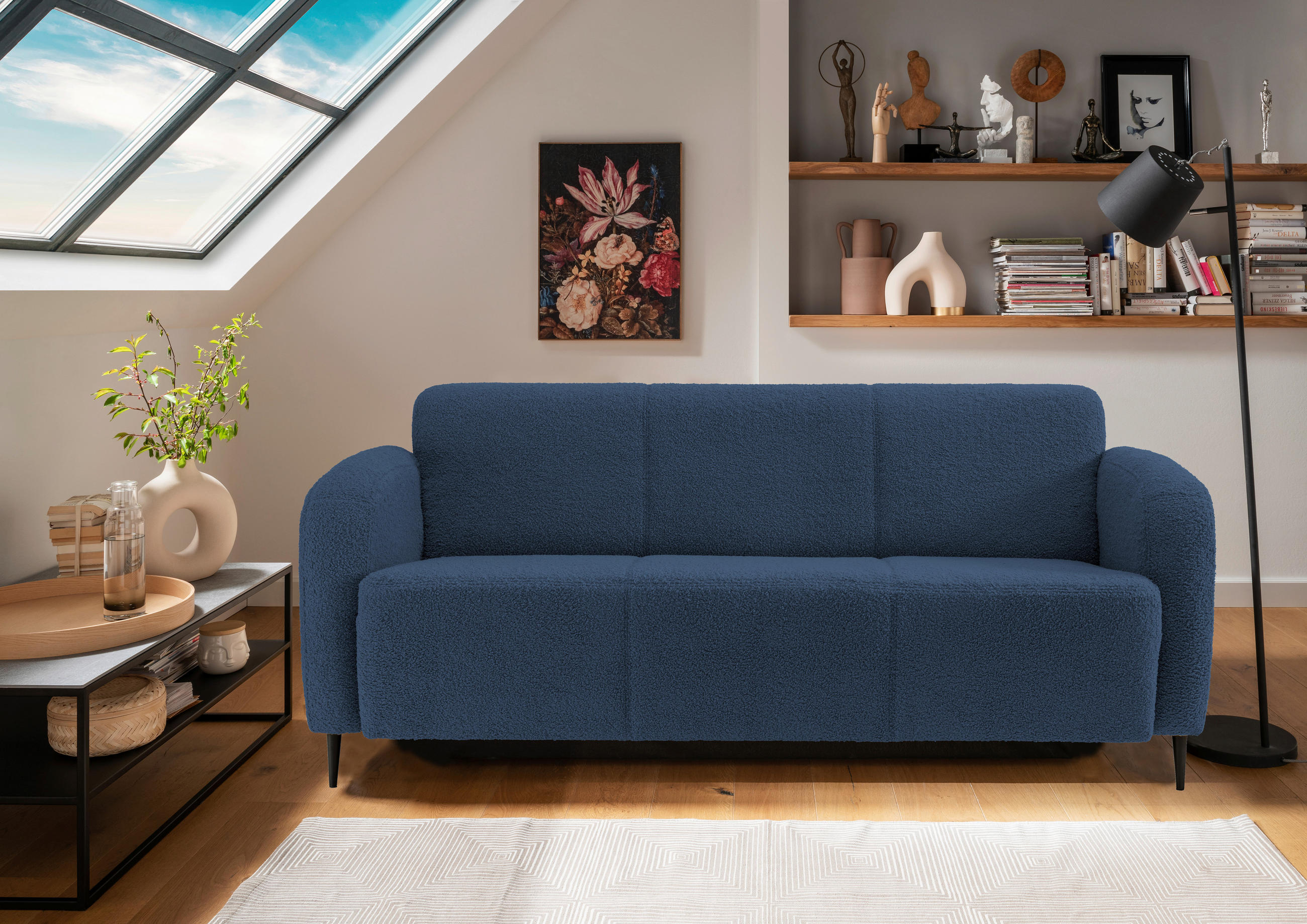 3-SITZER-SOFA in Teddystoff Blau  - Blau/Schwarz, MODERN, Textil/Metall (180/76/90cm) - Livetastic