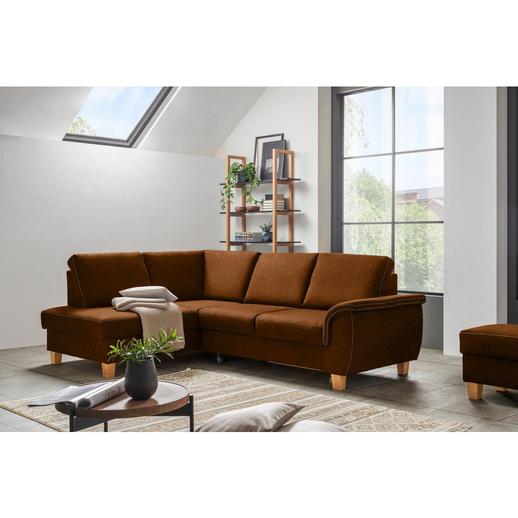 Thumbnail - Cantus Ecksofa, Bernstein, Textil, Eiche, Uni, 4-Sitzer, Ottomane links, L-Form, 253x185 cm, Stoffauswahl, Liegefunktion...