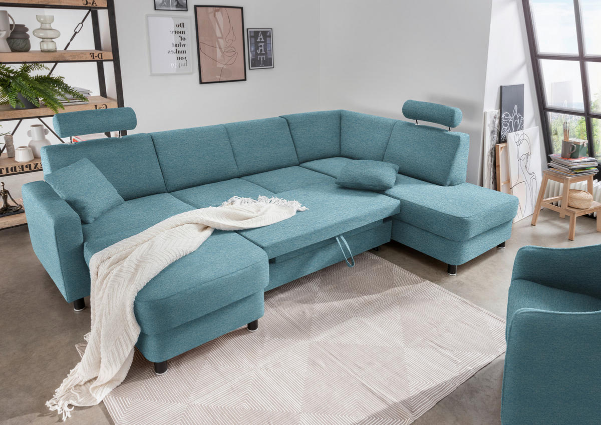 WOHNLANDSCHAFT  in Webstoff Hellblau  - Schwarz/Hellblau, Design, Holz/Textil (165/296/198cm) - Xora