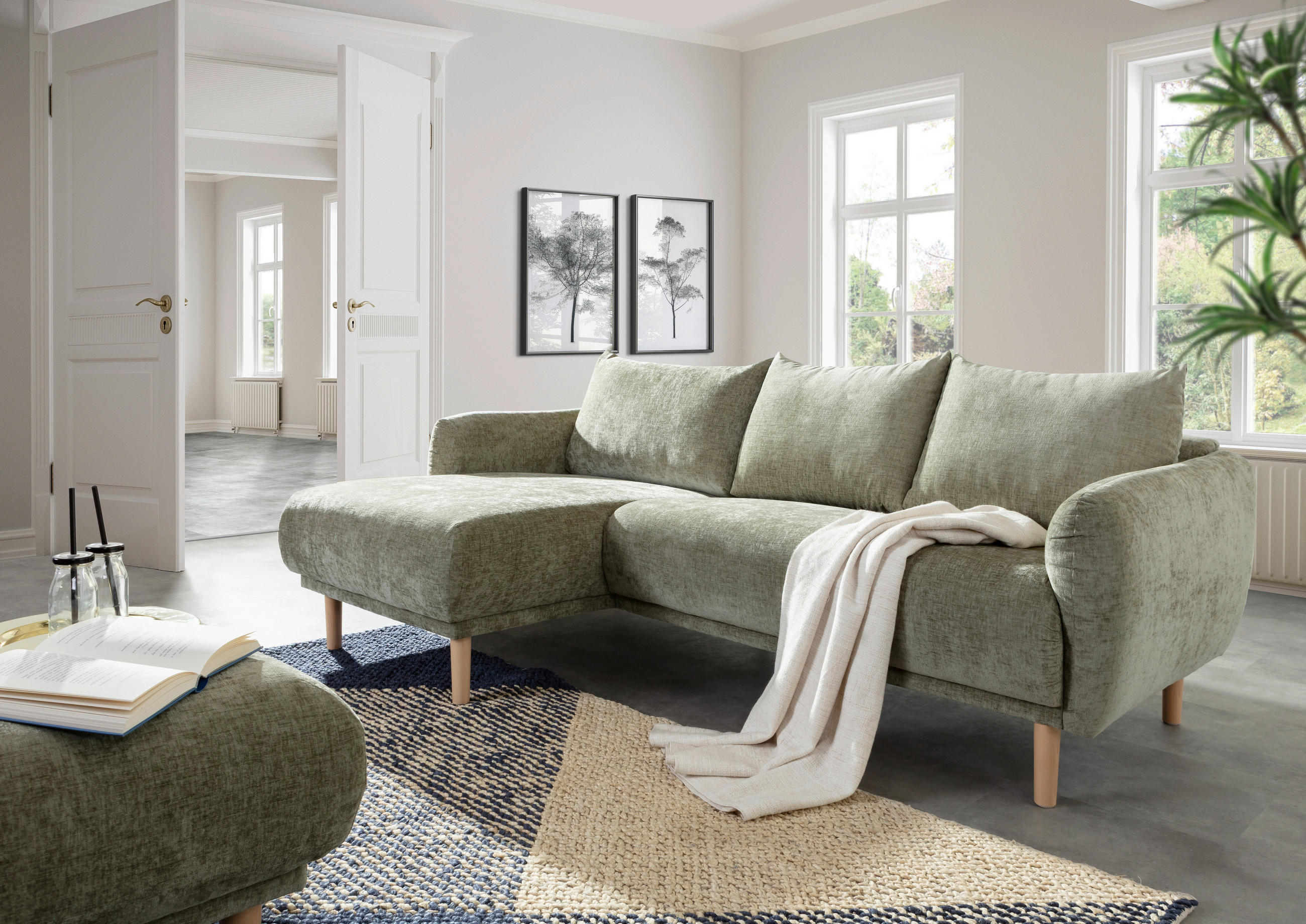 ECKSOFA Olivgrün Flachgewebe  - Buchefarben/Olivgrün, KONVENTIONELL, Holz/Textil (144/230cm) - Carryhome