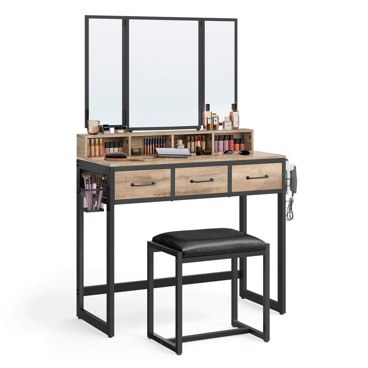 SCHMINKTISCH Schwarz, Eichefarben  - Eichefarben/Schwarz, Trend, Glas/Holzwerkstoff (90/40/141cm) - Boxxx