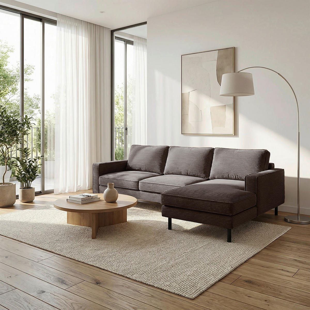 ECKSOFA Taupe Cord Bettkasten, Schlaffunktion, Rücken echt  - Taupe/Schwarz, Design, Textil/Metall (238/166cm) - Livetastic