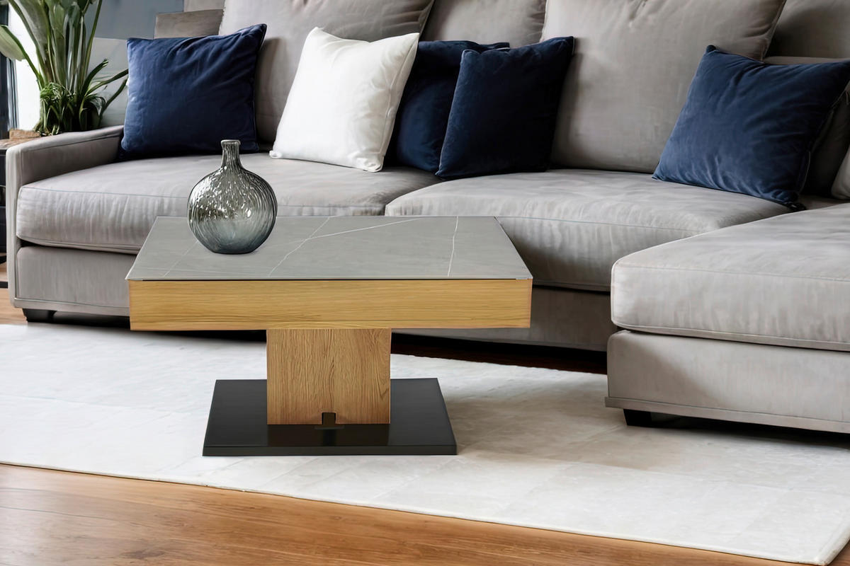 COUCHTISCH Eiche furniert 90/46,3/60 cm rechteckig Grau, Schwarz, Eichefarben  - Eichefarben/Schwarz, Design, Holz/Keramik (90/46,3/60cm) - Livetastic