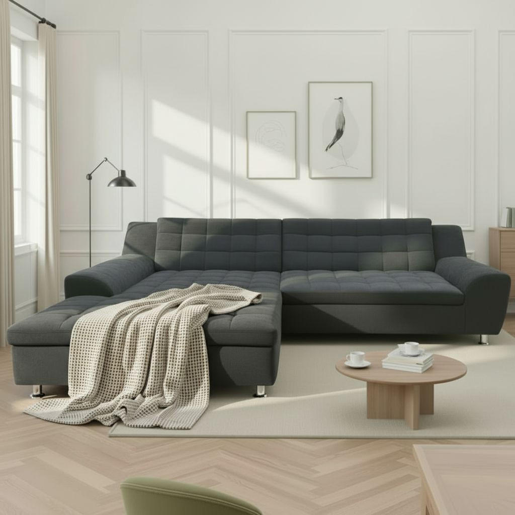 ECKSOFA MORTON Dunkelgrau Mikrofaser Rücken echt  - Chromfarben/Dunkelgrau, MODERN, Textil/Metall (200/304cm) - MID.YOU