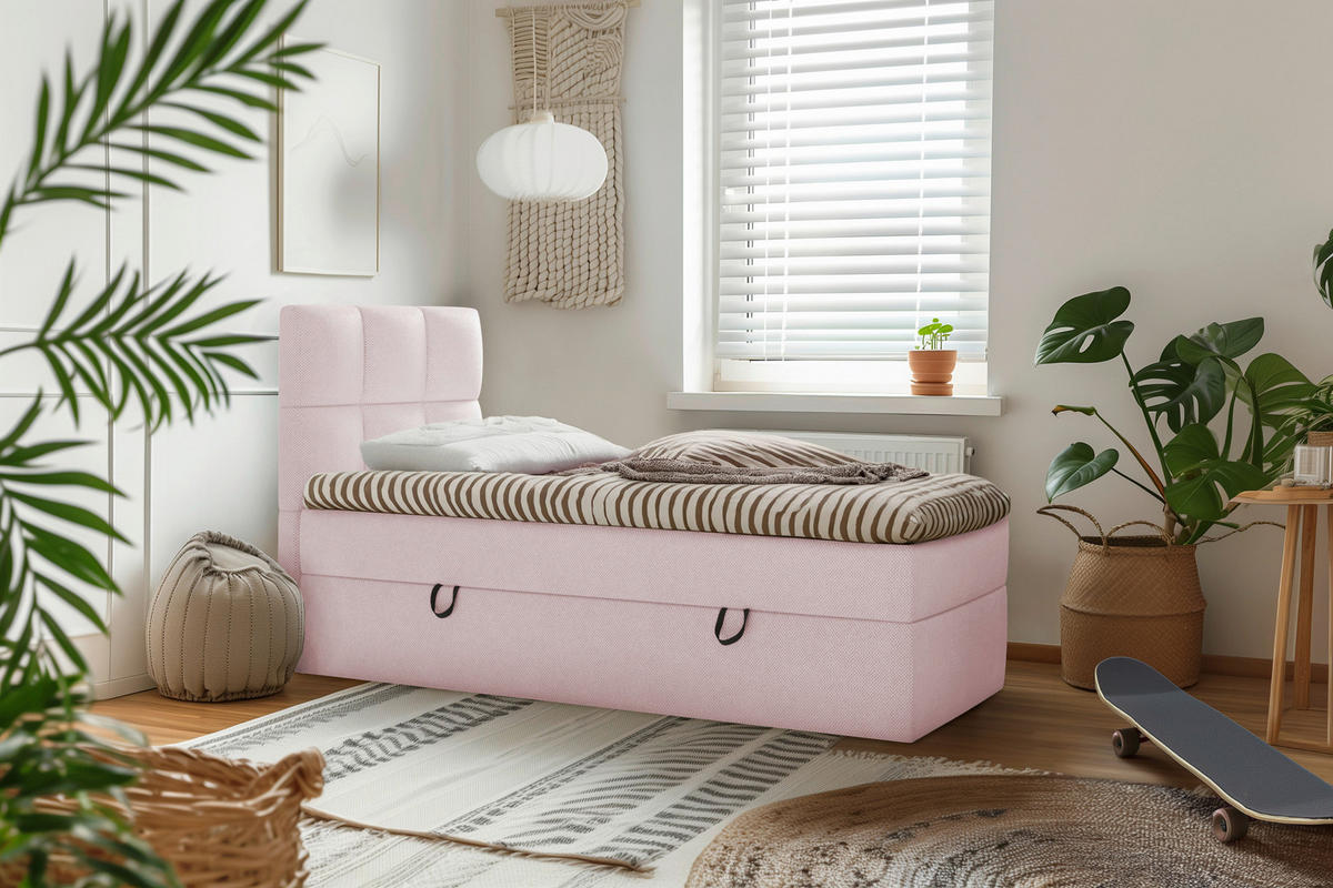 POSTELJA Z VZMETNICO 90 cm   x 200 cm  , les, tekstil, leseni material  - črna/svetlo roza, Moderno, umetna masa/tekstil (90/200cm) - MID.YOU