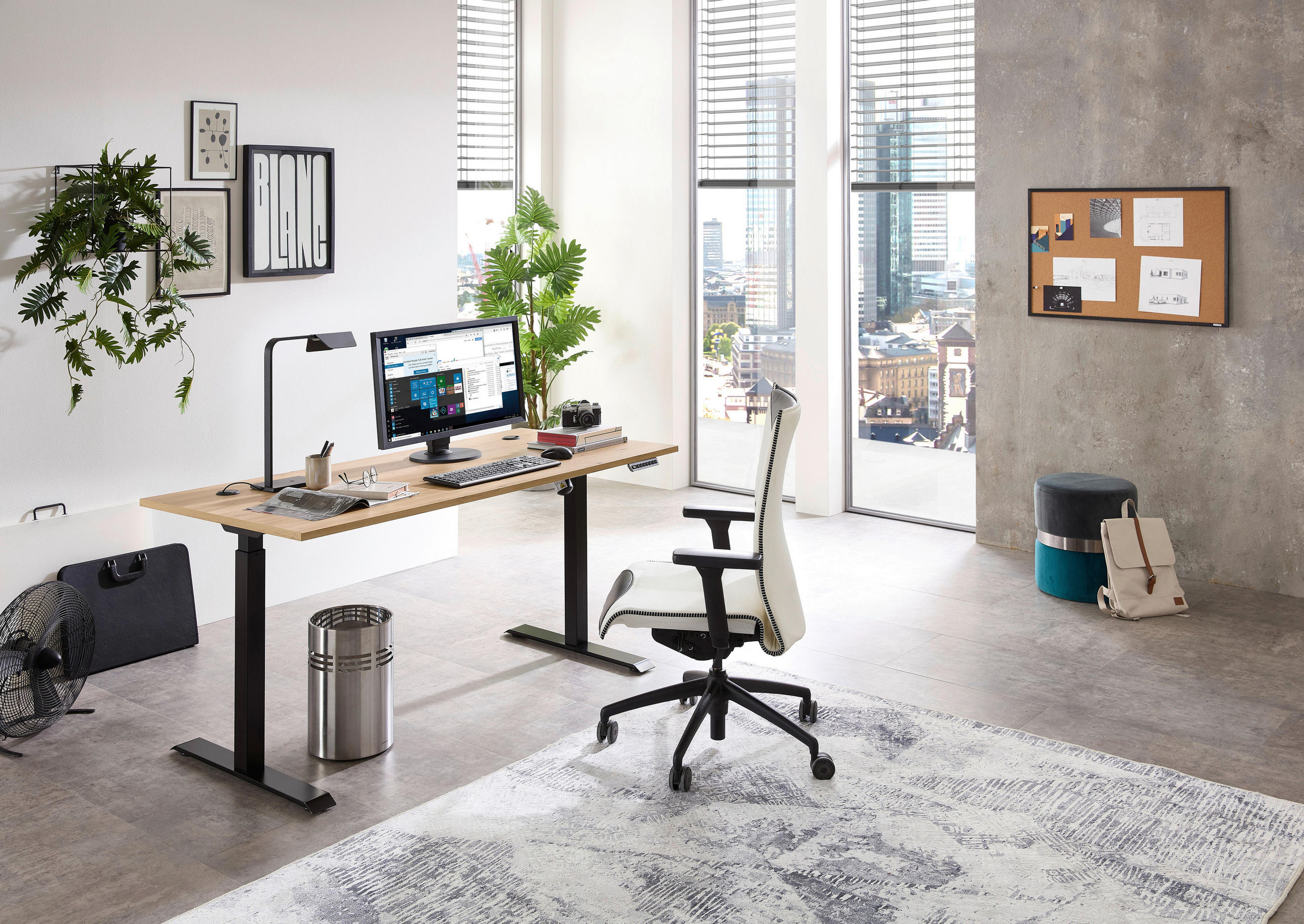 Thumbnail - Mid.you Schreibtisch, Schwarz, Eiche Artisan, Metall, Holzwerkstoff, rechteckig, Flachrohr, 77x72x160 cm, höhenverstellb...